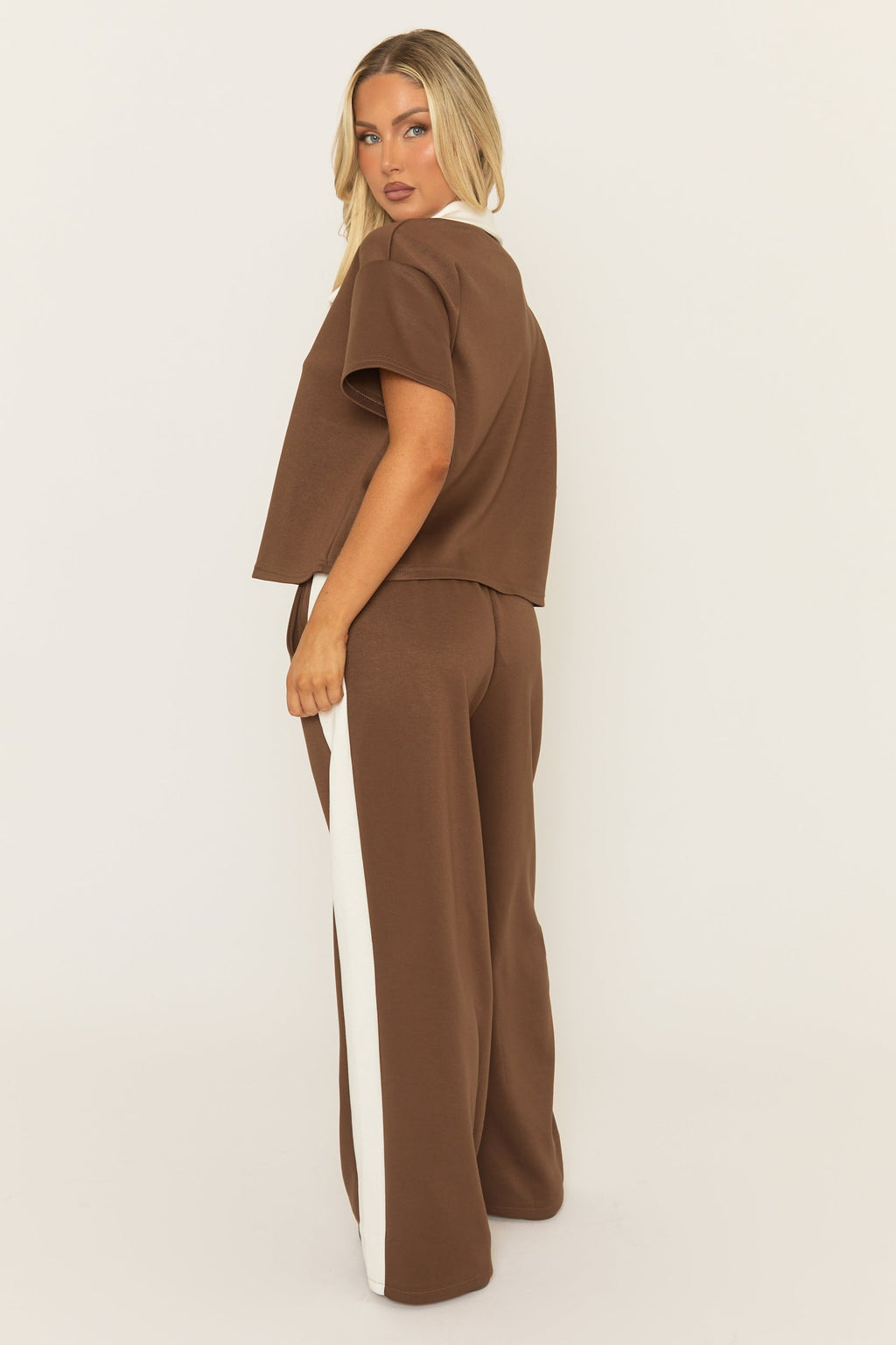 Chocolate Contrast Collar Side Stripe Loungewear Set - Layken