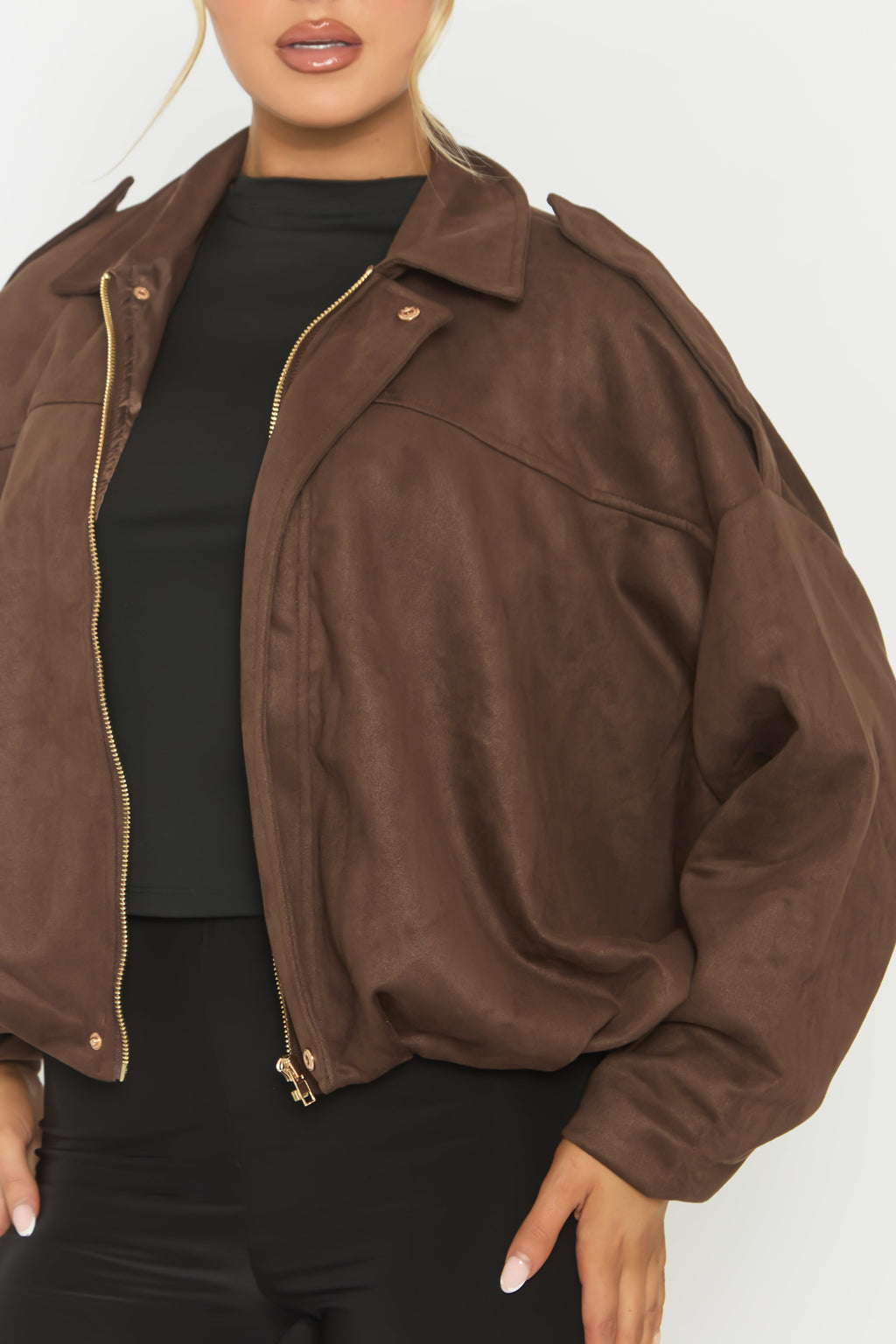Chocolate Brown Suede Bomber Jacket - Imane