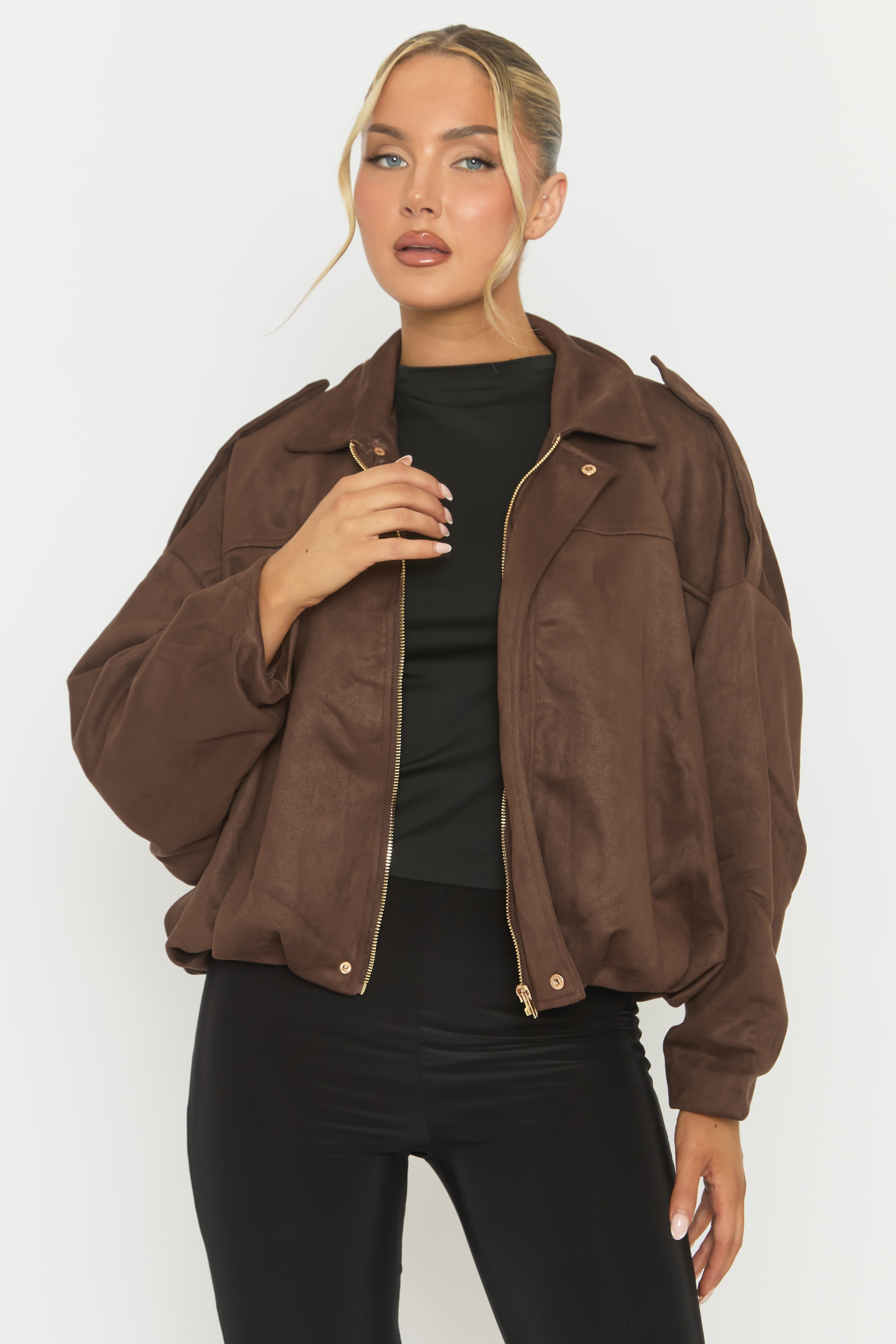Chocolate Brown Suede Bomber Jacket - Imane