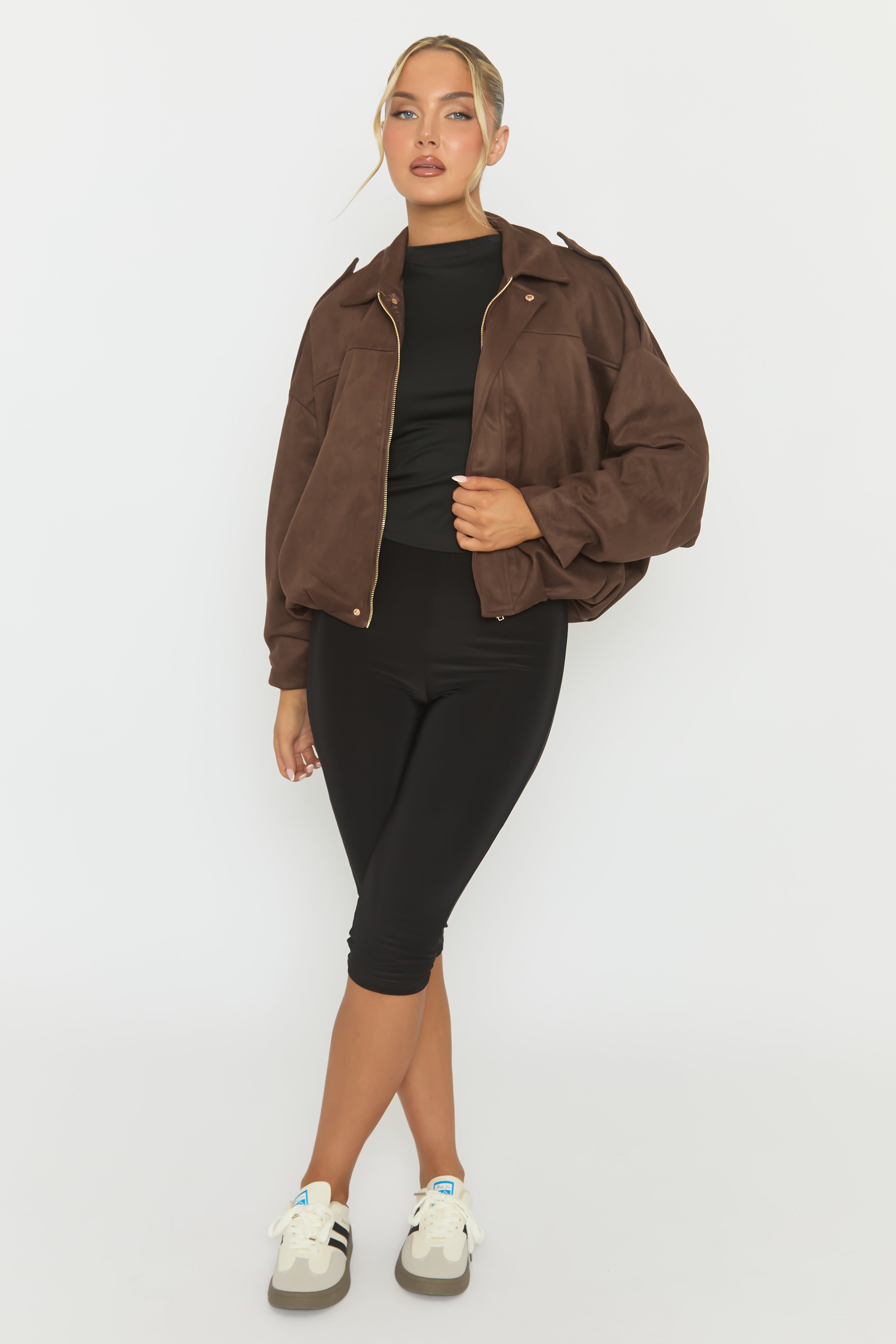 Chocolate Brown Suede Bomber Jacket - Imane