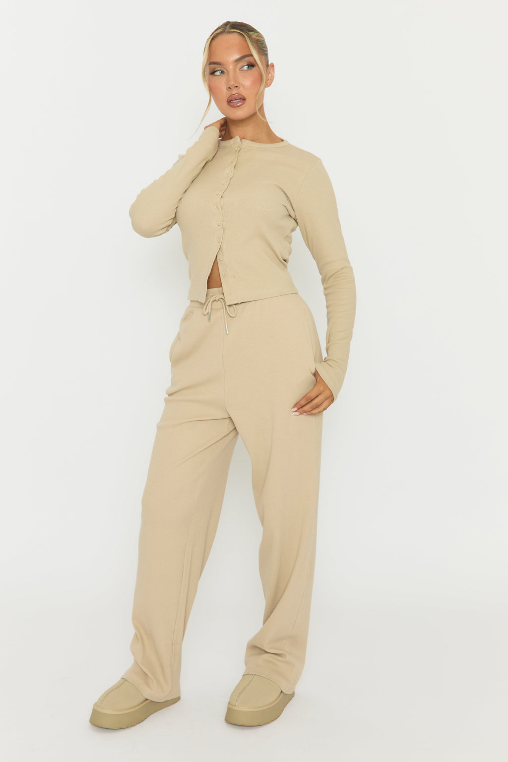 Beige Button Front Long Sleeve Top and Trouser Loungewear Set - Izzabelle