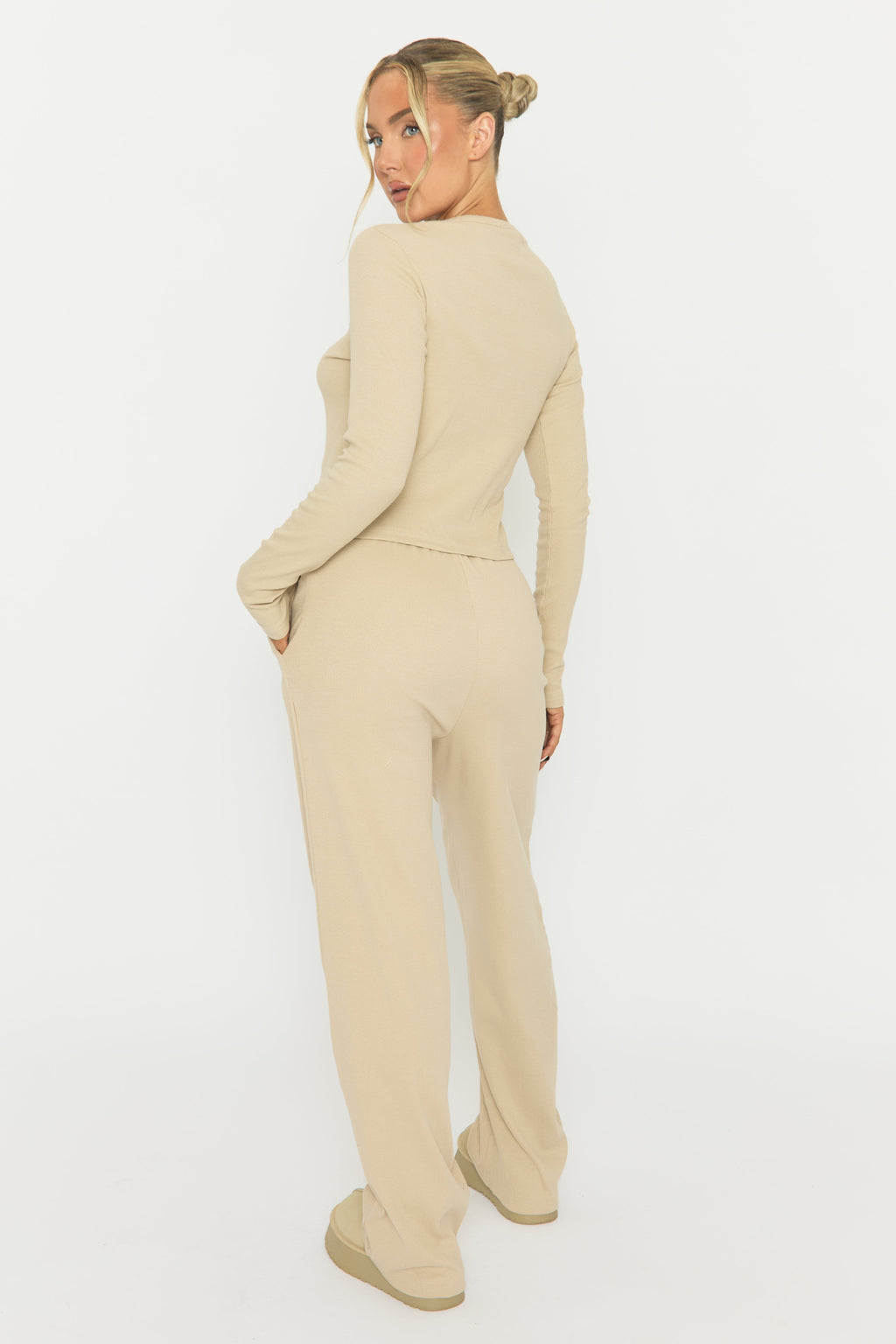 Beige Button Front Long Sleeve Top and Trouser Loungewear Set - Izzabelle