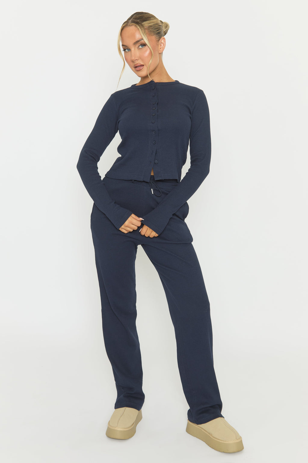 Navy Button Front Long Sleeve Top and Trouser Loungewear Set - Izzabelle