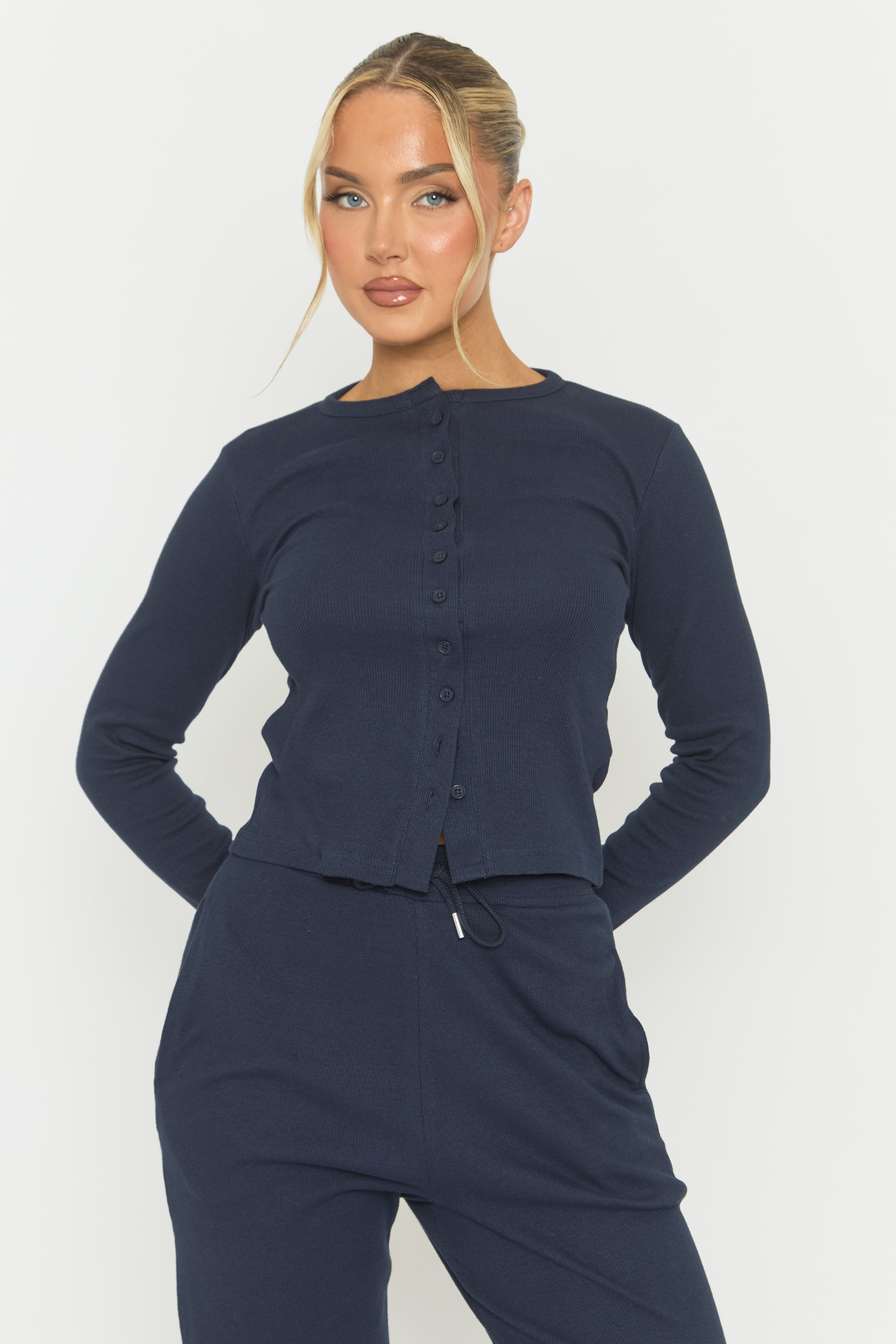 Navy Button Front Long Sleeve Top and Trouser Loungewear Set - Izzabelle