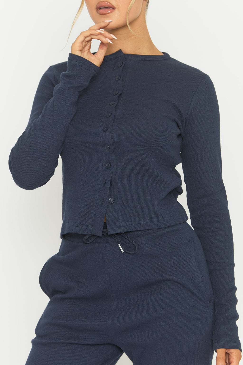 Navy Button Front Long Sleeve Top and Trouser Loungewear Set - Izzabelle