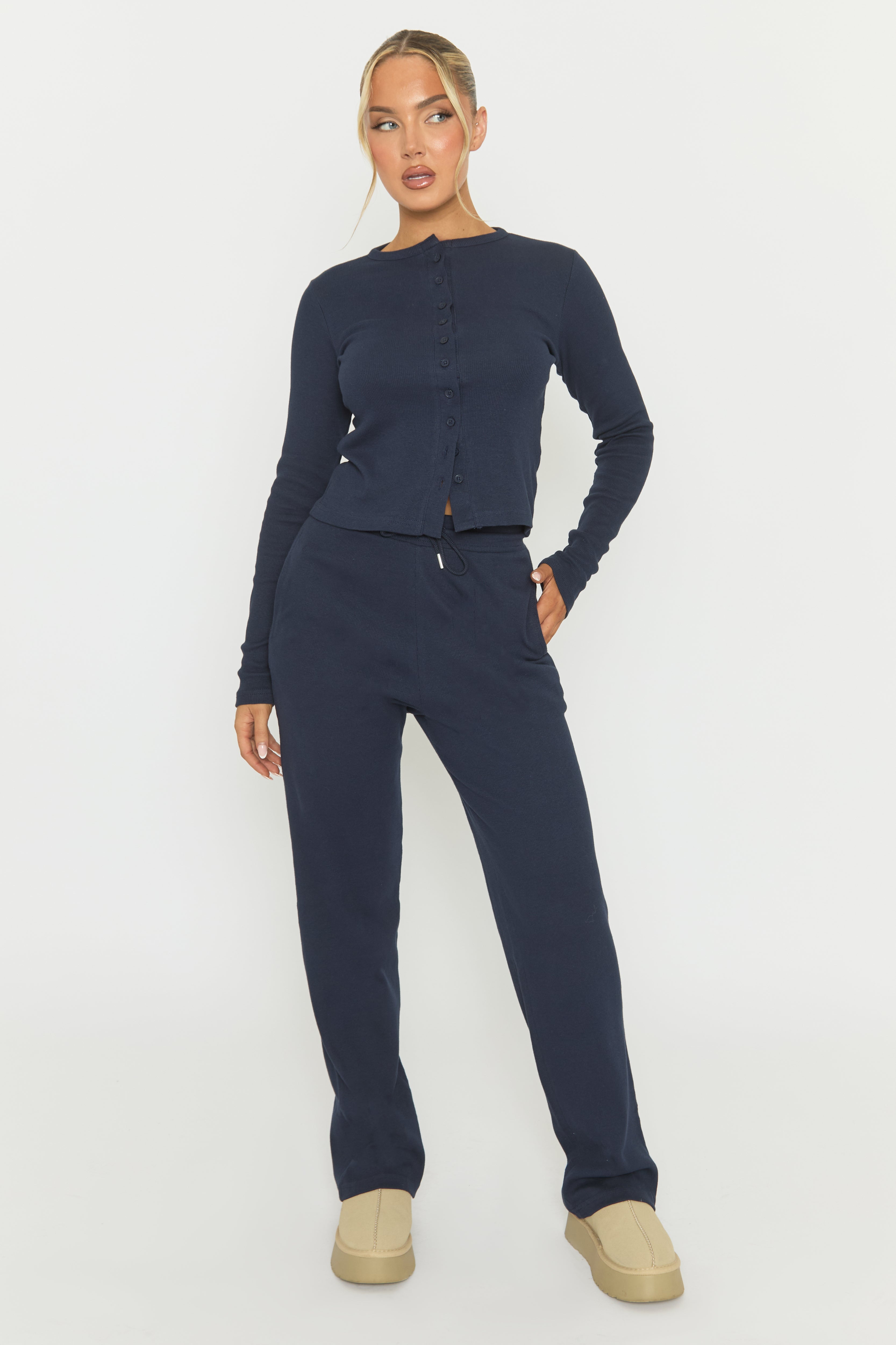 Navy Button Front Long Sleeve Top and Trouser Loungewear Set - Izzabelle