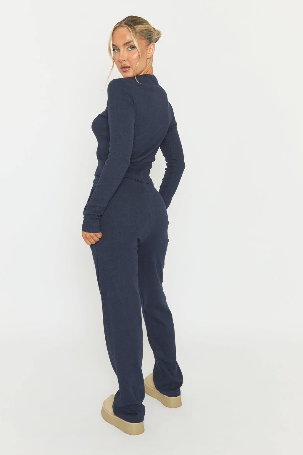 Navy Button Front Long Sleeve Top and Trouser Loungewear Set - Izzabelle