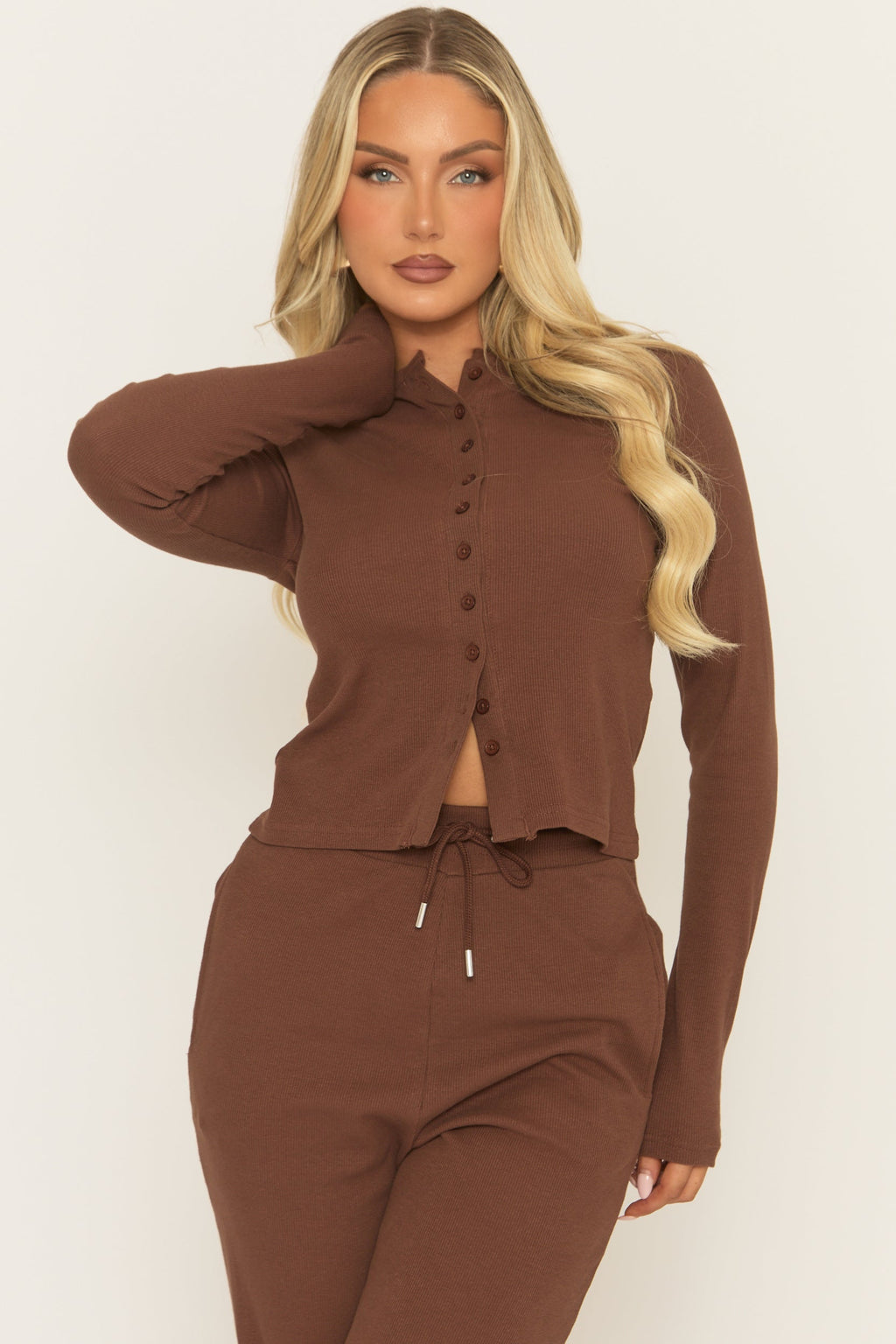 Chocolate Button Front Long Sleeve Top and Trouser Loungewear Set - Izzabelle
