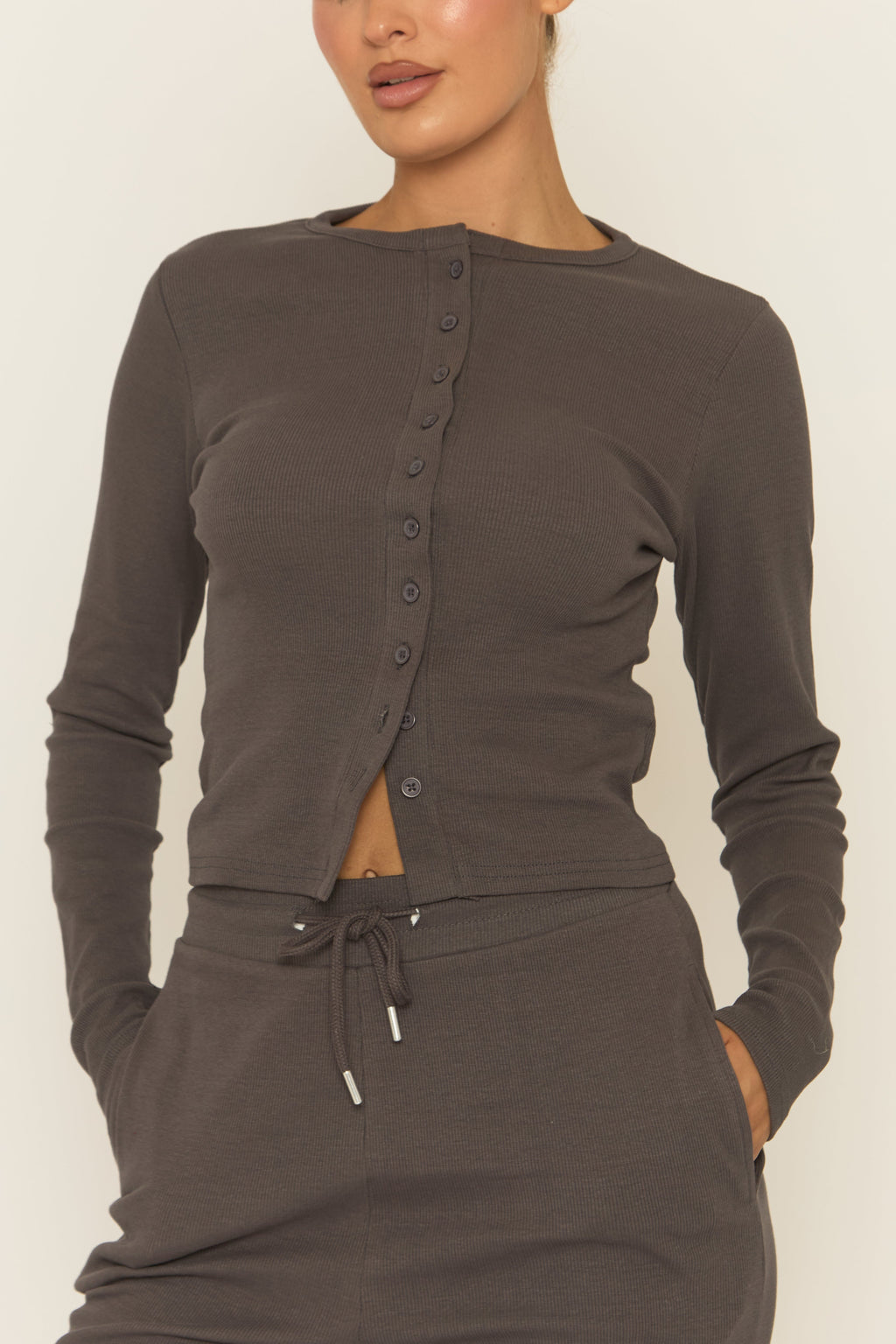 Slate Grey Button Front Long Sleeve Top and Trouser Loungewear Set - Izzabelle