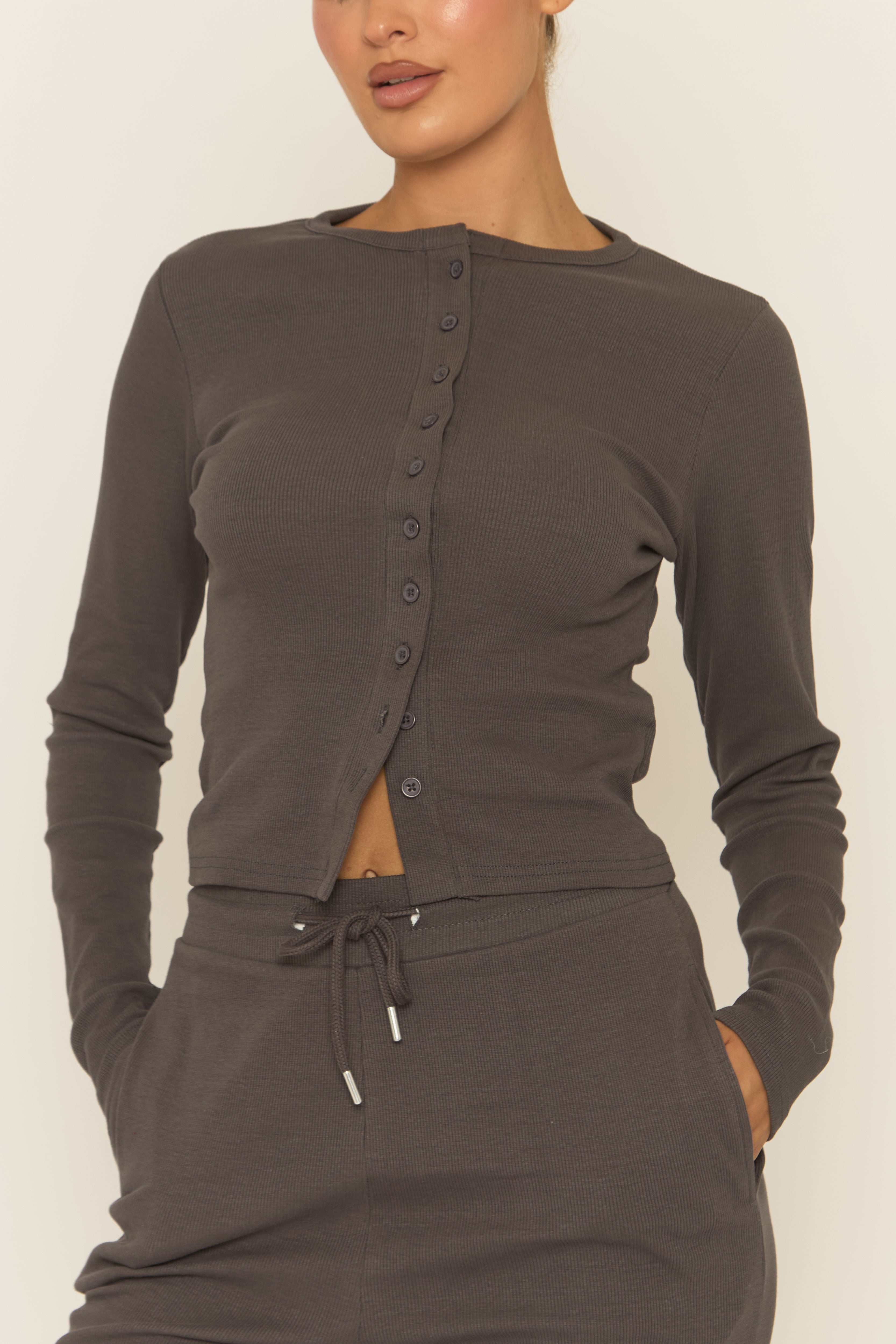 Slate Grey Button Front Long Sleeve Top and Trouser Loungewear Set - Izzabelle