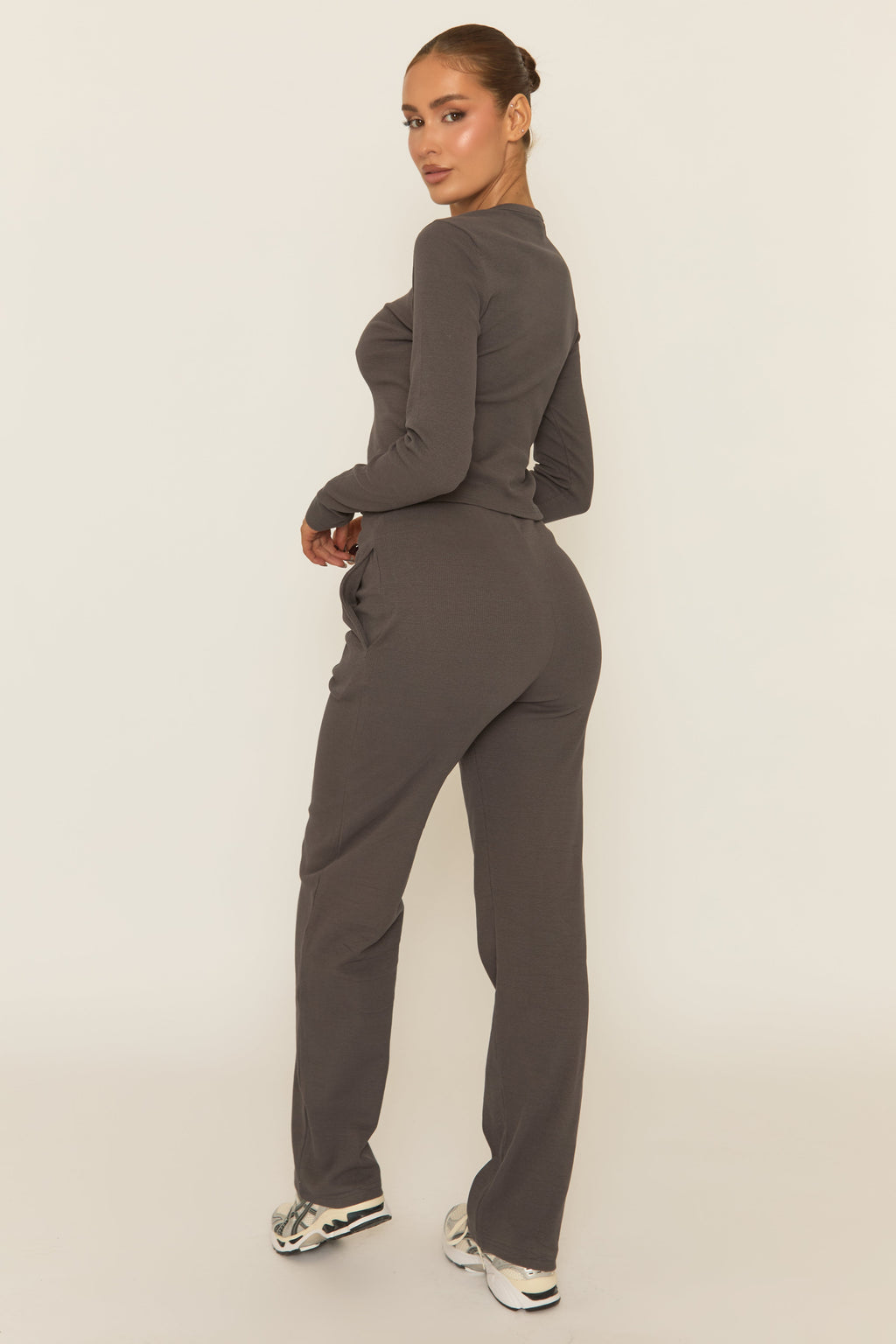 Slate Grey Button Front Long Sleeve Top and Trouser Loungewear Set - Izzabelle