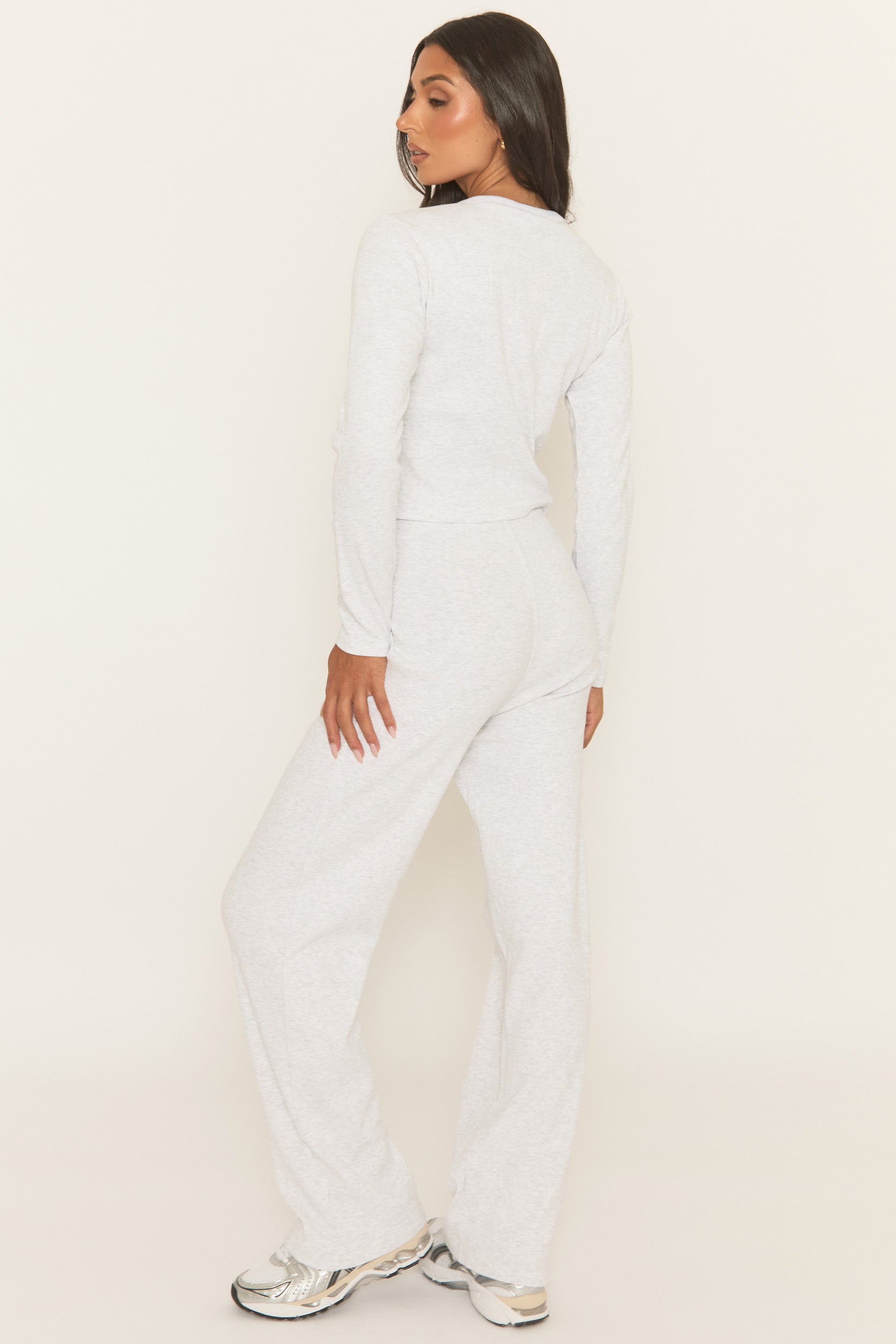 Bleach Grey Button Front Long Sleeve Top and Trouser Loungewear Set - Izzabelle