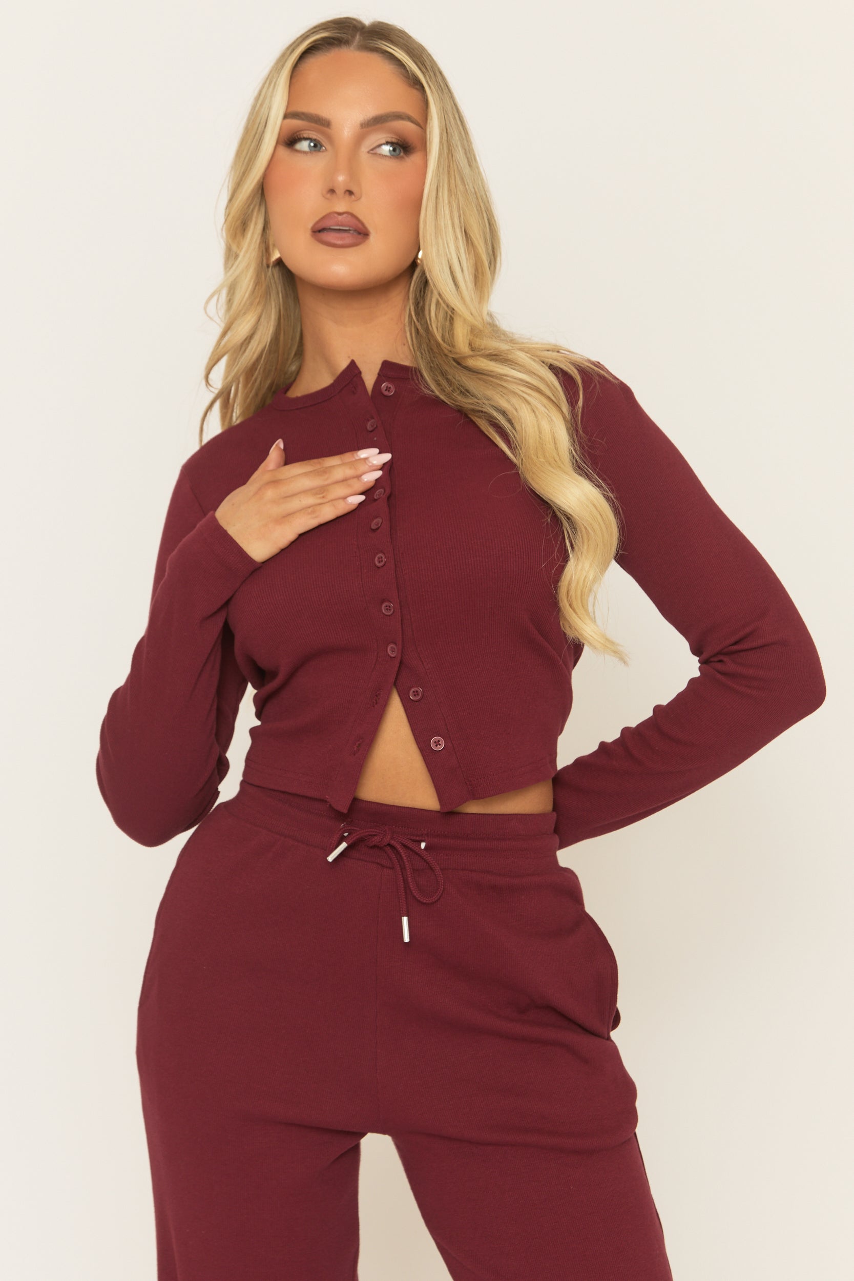 Wine Button Front Long Sleeve Top and Trouser Loungewear Set - Izzabelle