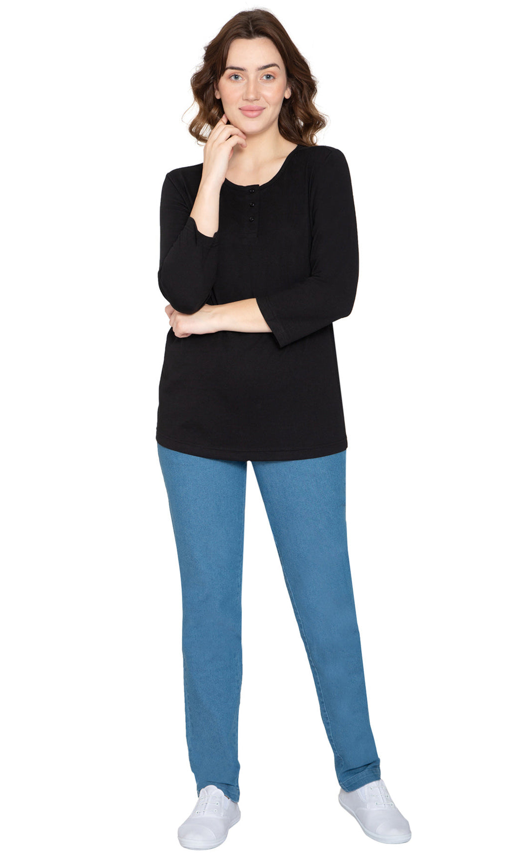 Women's 3/4 sleeves Henley in Cotton Blend with Button Placket