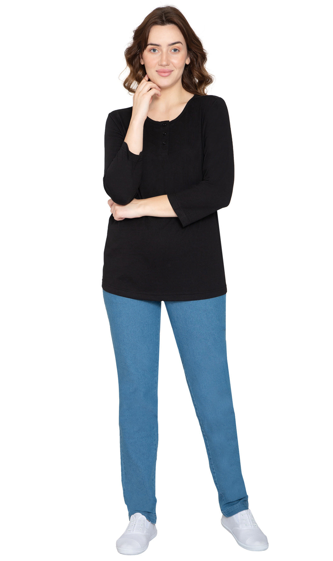 Women's 3/4 sleeves Henley in Cotton Blend with Button Placket