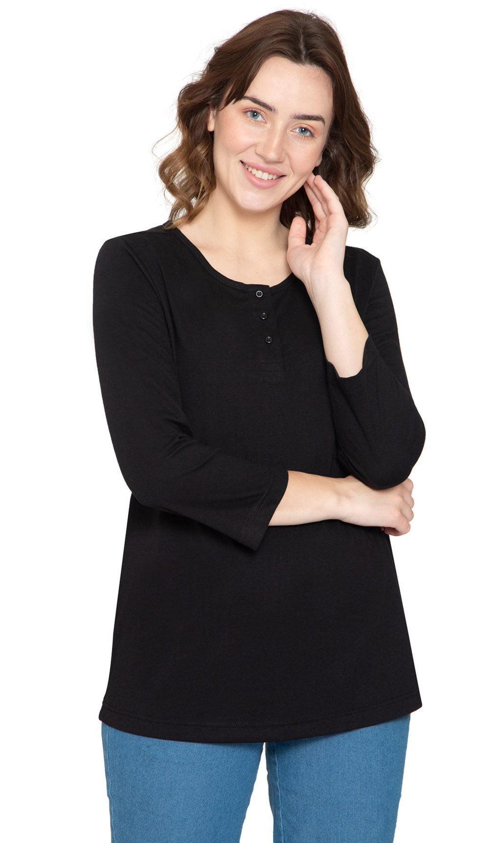 Women's 3/4 sleeves Henley in Cotton Blend with Button Placket