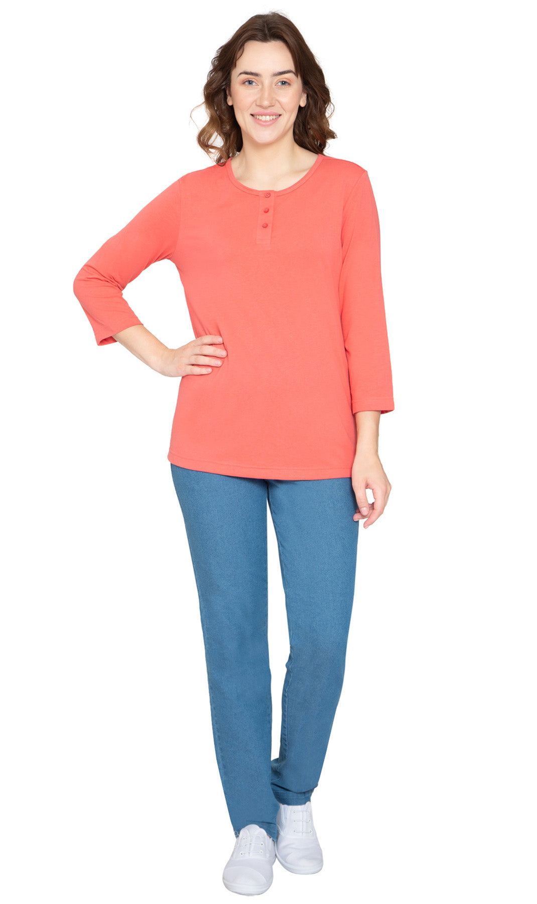 Women's 3/4 sleeves Henley in Cotton Blend with Button Placket