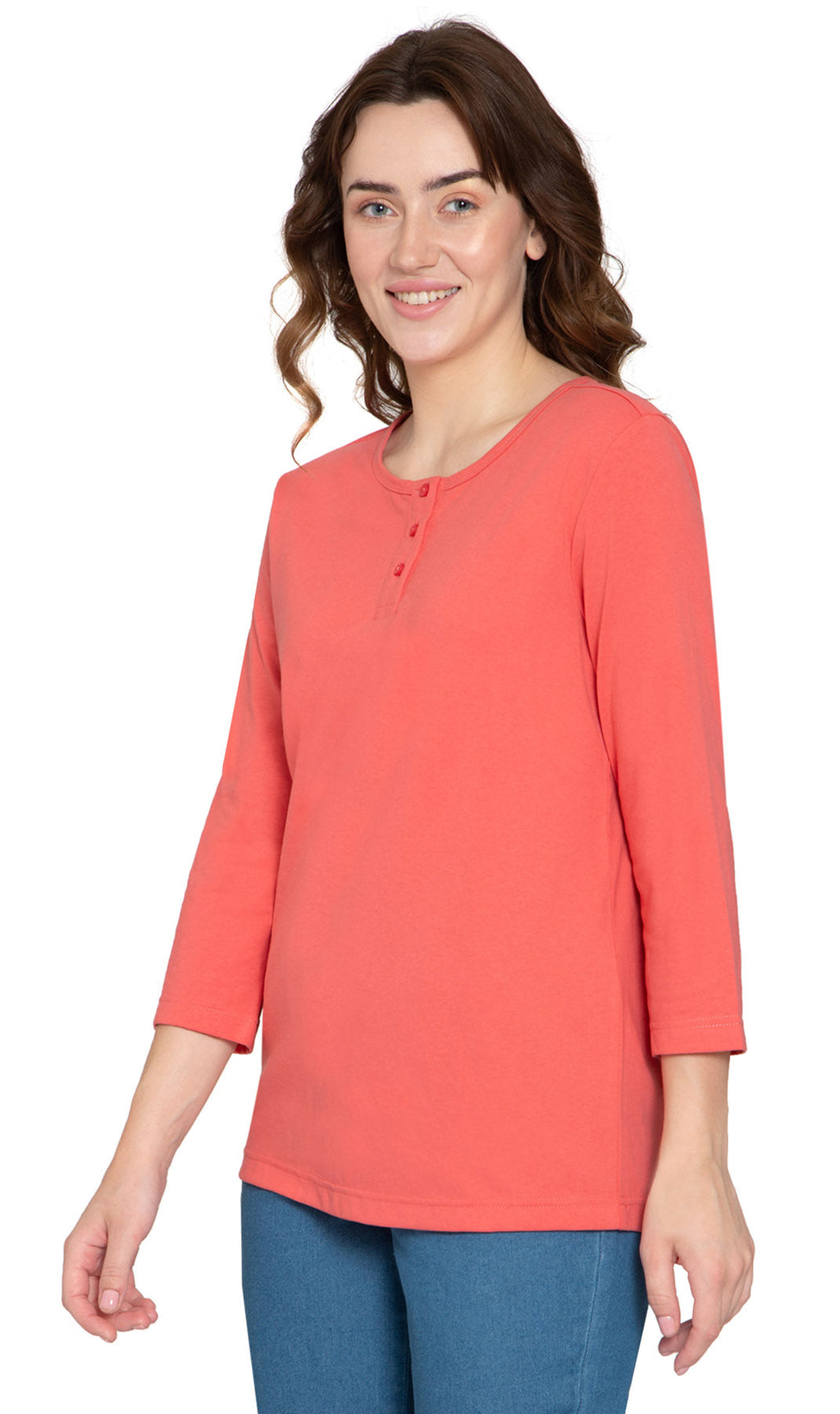 Women's 3/4 sleeves Henley in Cotton Blend with Button Placket