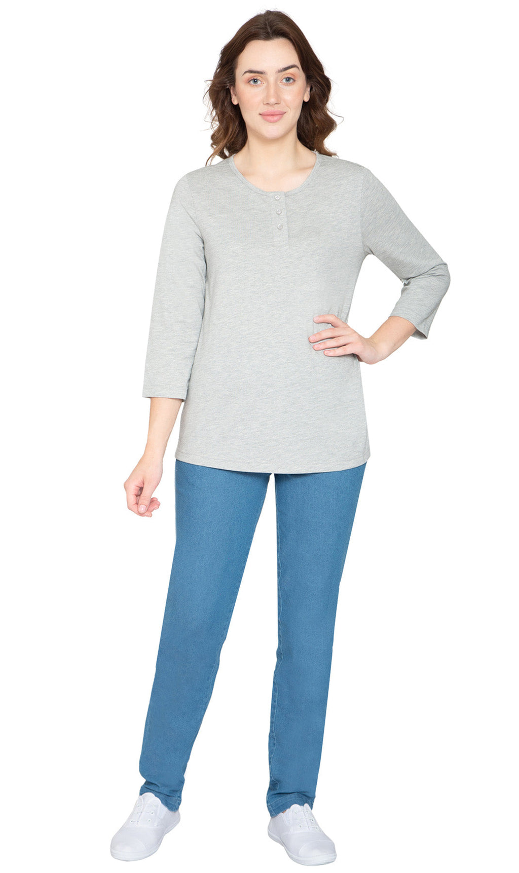 Women's 3/4 sleeves Henley in Cotton Blend with Button Placket