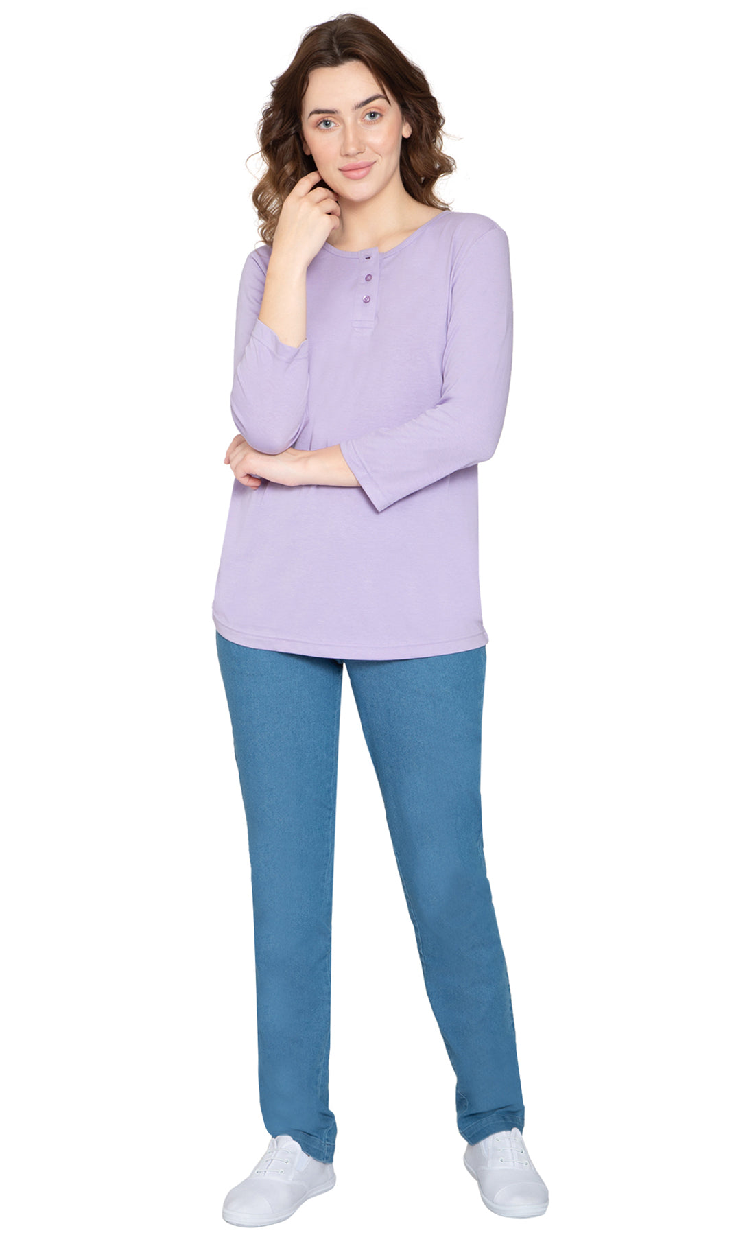 Women's 3/4 sleeves Henley in Cotton Blend with Button Placket