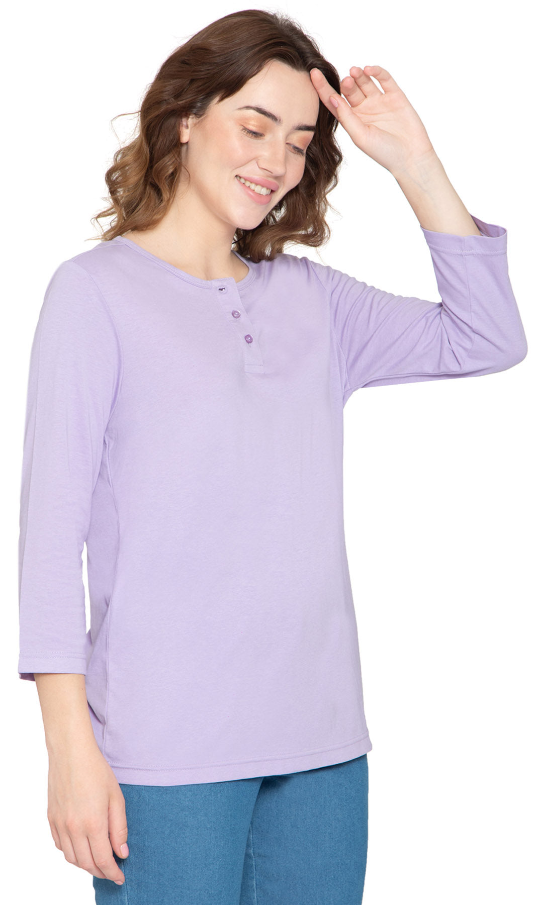 Women's 3/4 sleeves Henley in Cotton Blend with Button Placket