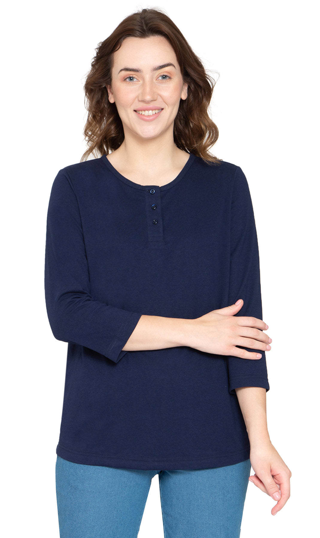 Women's 3/4 sleeves Henley in Cotton Blend with Button Placket