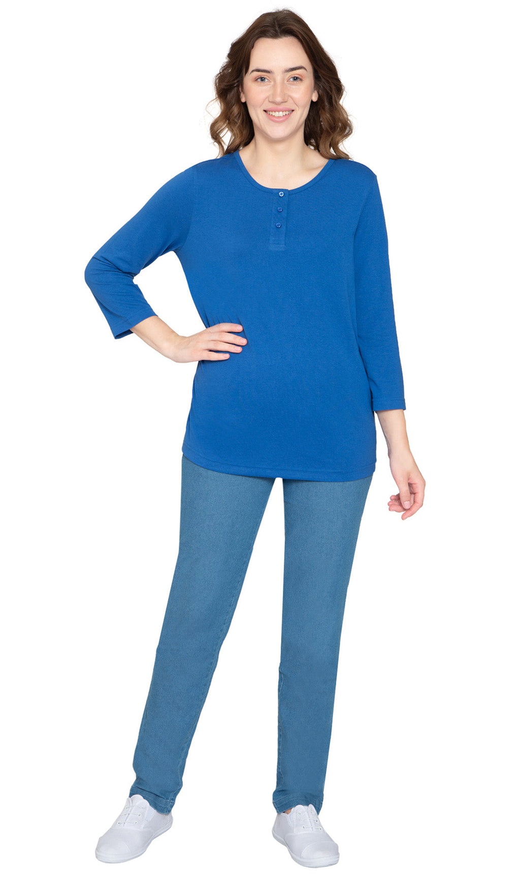 Women's 3/4 sleeves Henley in Cotton Blend with Button Placket