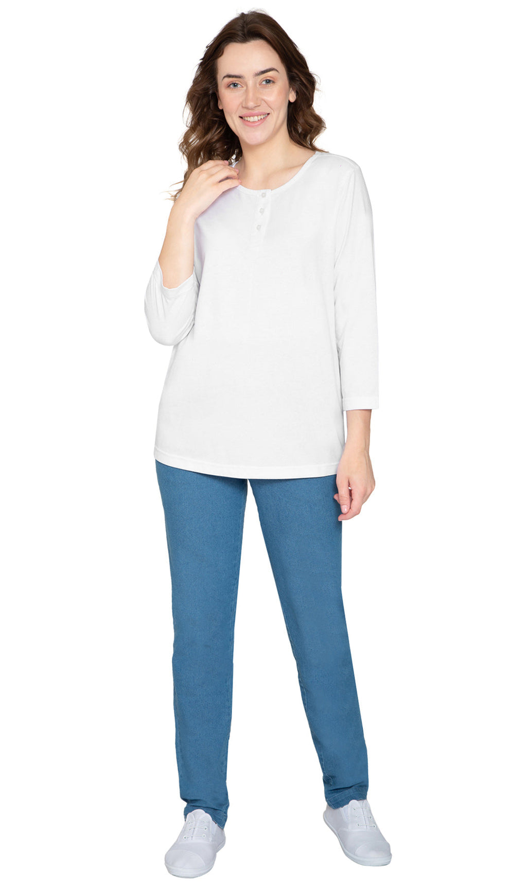Women's 3/4 sleeves Henley in Cotton Blend with Button Placket