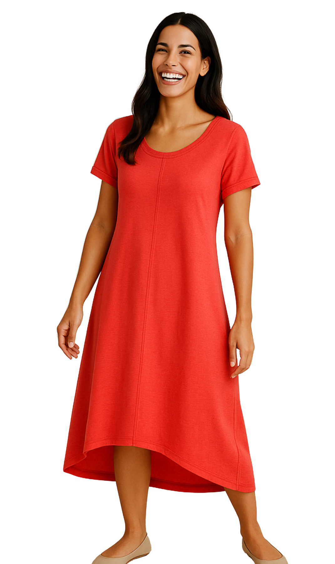 Women's Knit Wide Scoop Neck Short Sleeve Dress in A-line Aymmetrical Hem