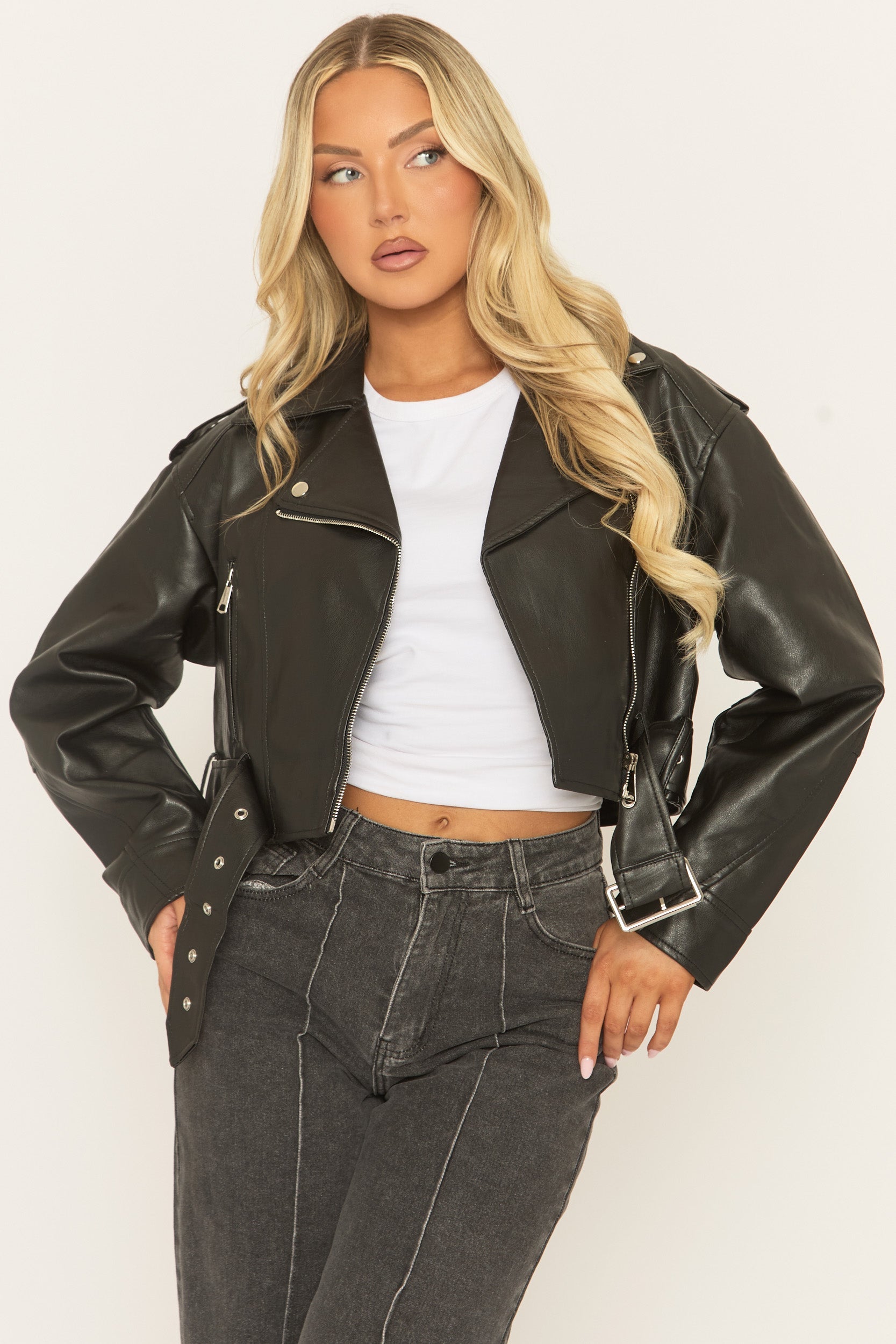 Black Cropped PU Biker Jacket - Kristine