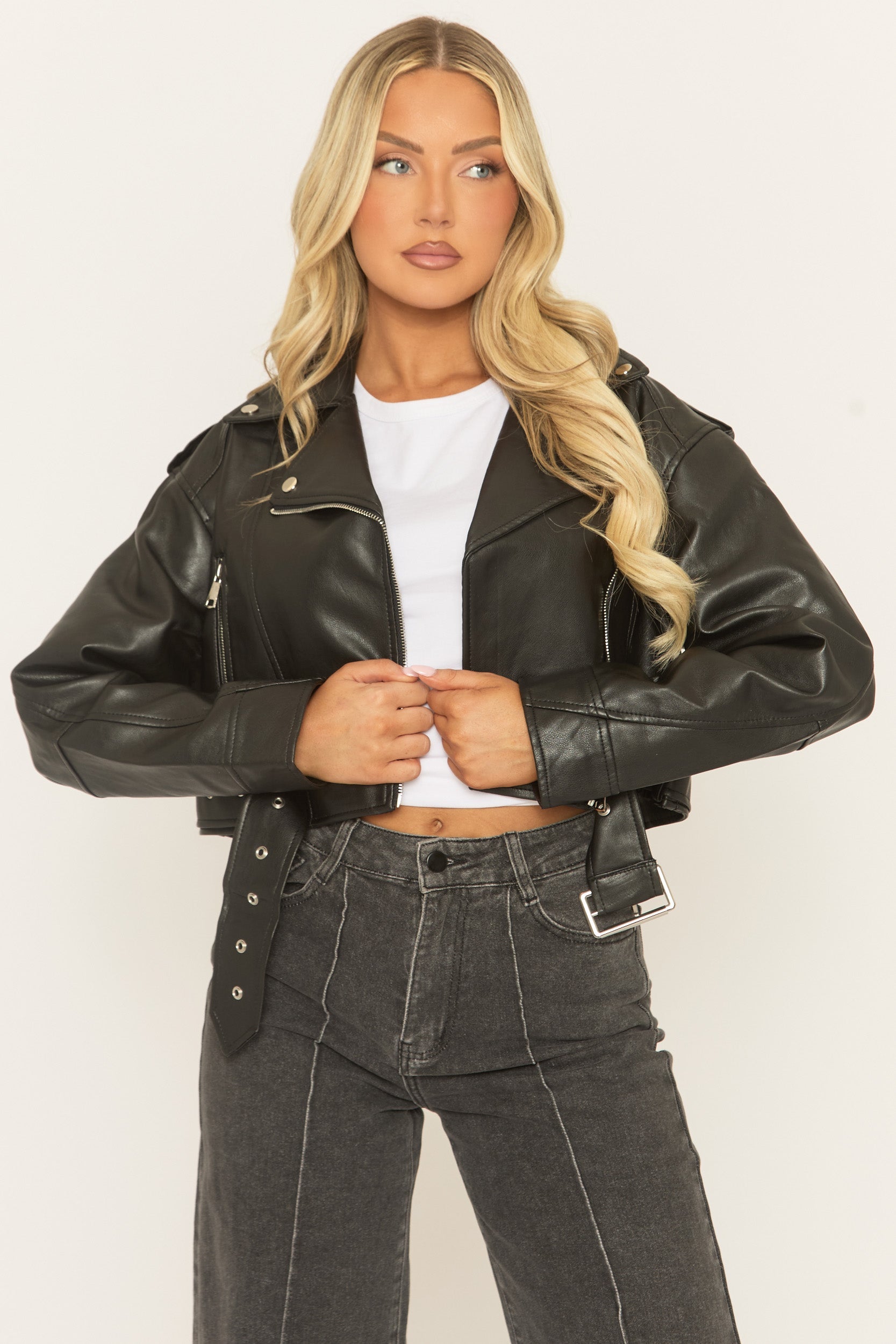 Black Cropped PU Biker Jacket - Kristine