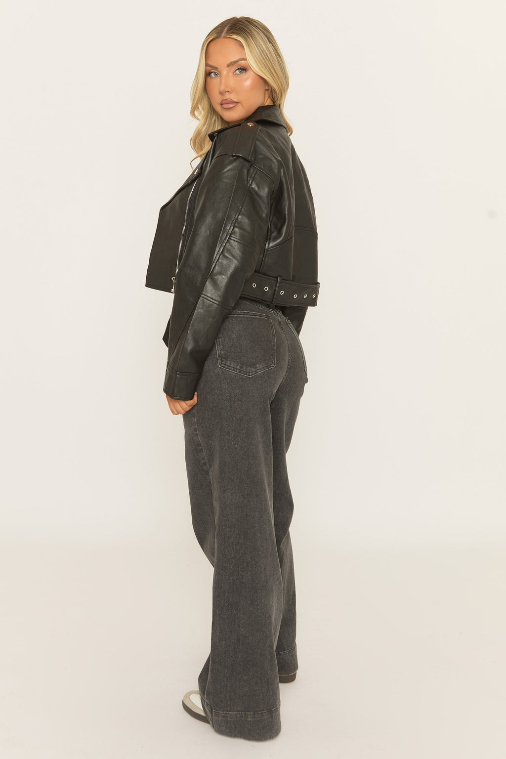Black Cropped PU Biker Jacket - Kristine