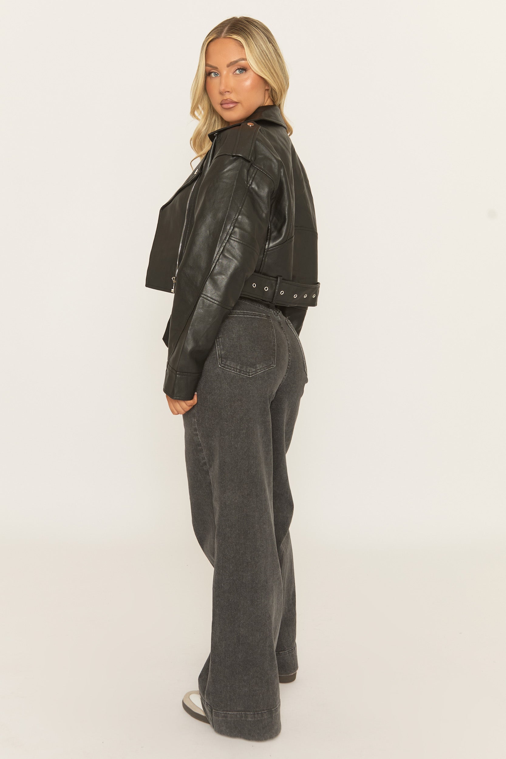 Black Cropped PU Biker Jacket - Kristine