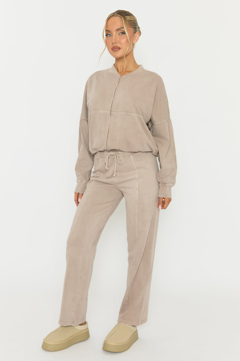 Dove Grey Acid Wash Bomber and Wide Leg Jogger Loungewear Set - Macay