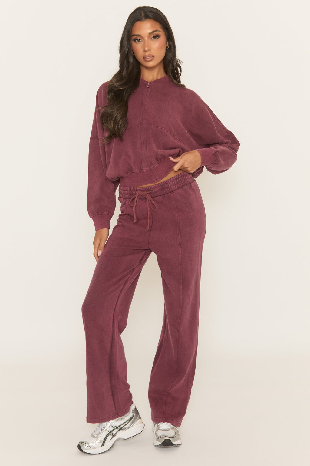 Wine Acid Wash Bomber and Wide Leg Jogger Loungewear Set - Macay