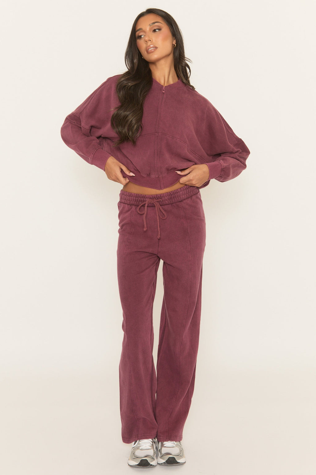 Wine Acid Wash Bomber and Wide Leg Jogger Loungewear Set - Macay