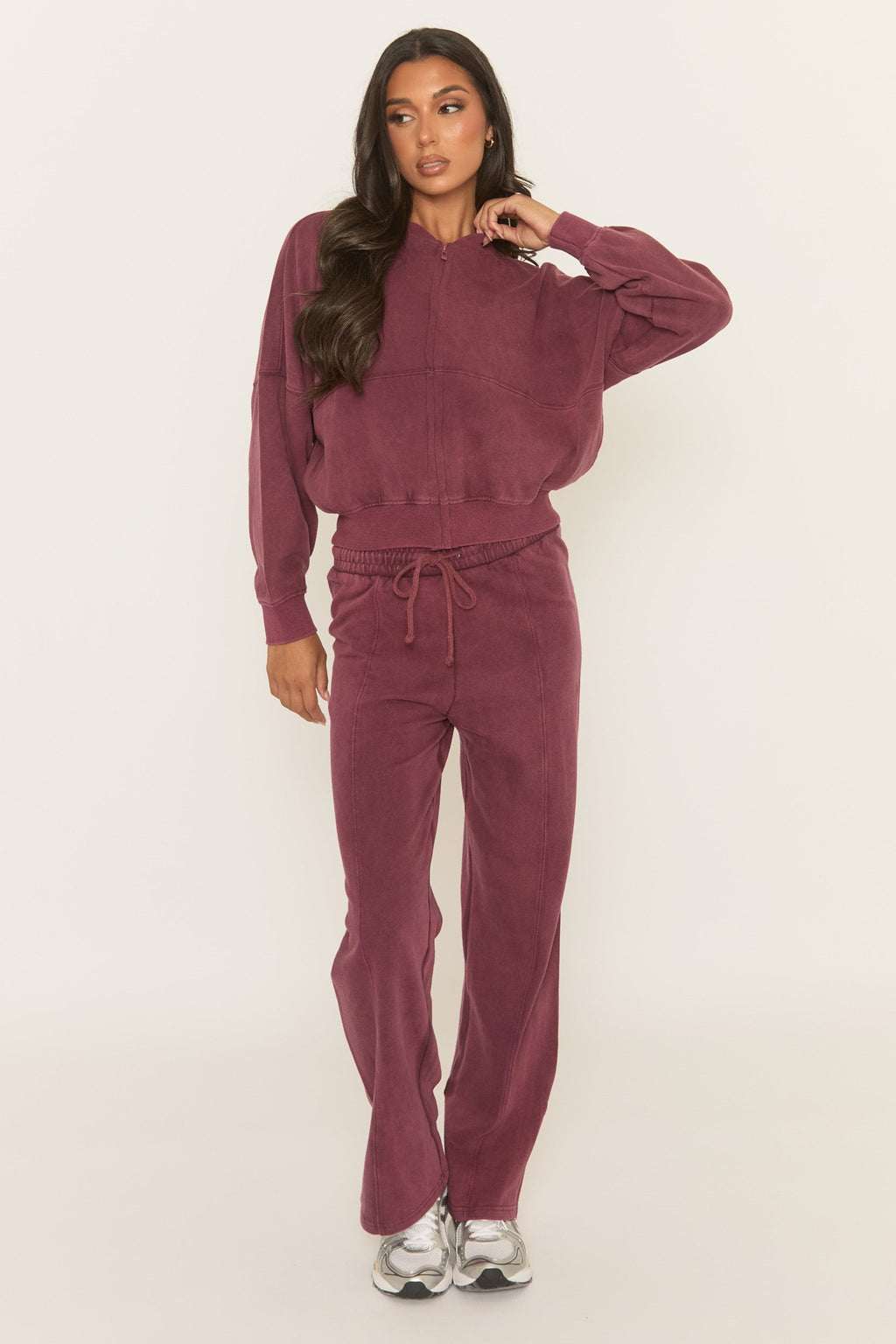 Wine Acid Wash Bomber and Wide Leg Jogger Loungewear Set - Macay