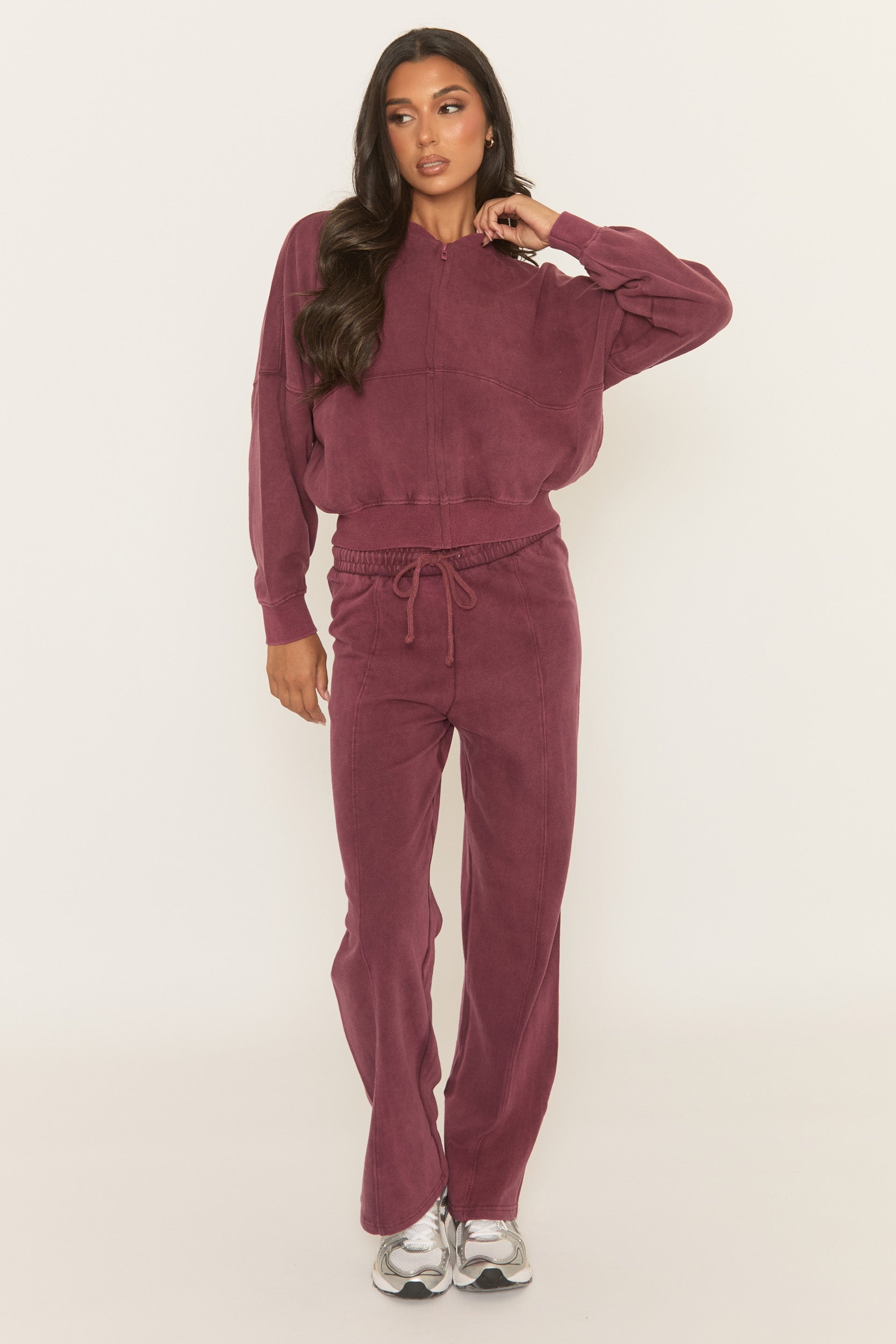 Wine Acid Wash Bomber and Wide Leg Jogger Loungewear Set - Macay