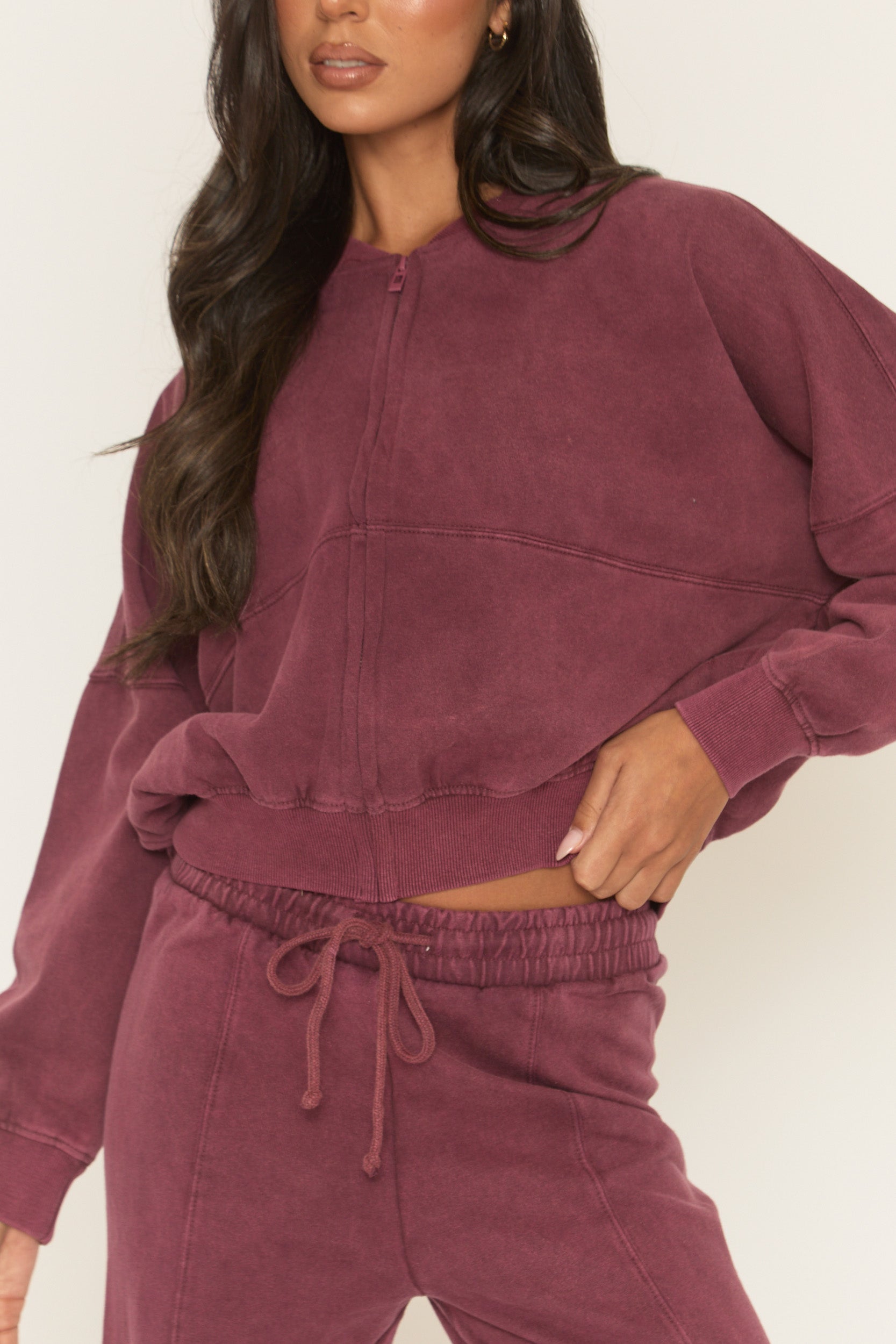 Wine Acid Wash Bomber and Wide Leg Jogger Loungewear Set - Macay