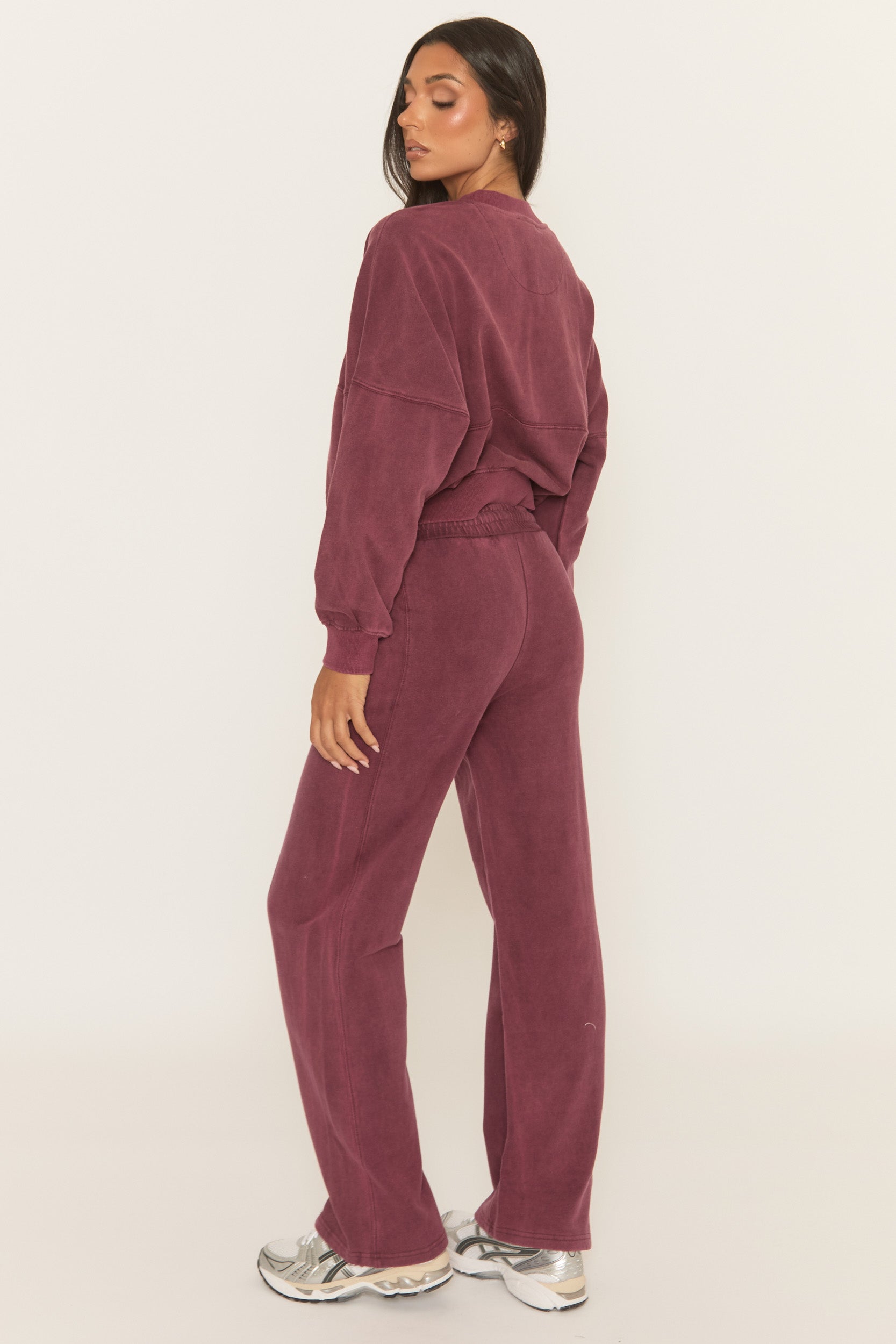 Wine Acid Wash Bomber and Wide Leg Jogger Loungewear Set - Macay