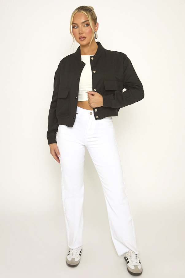 Black Pocket Detail Bomber Jacket - Estelle
