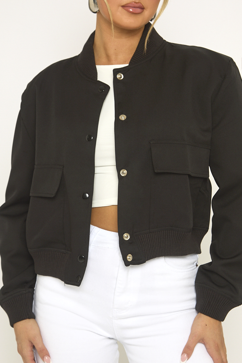 Black Pocket Detail Bomber Jacket - Estelle