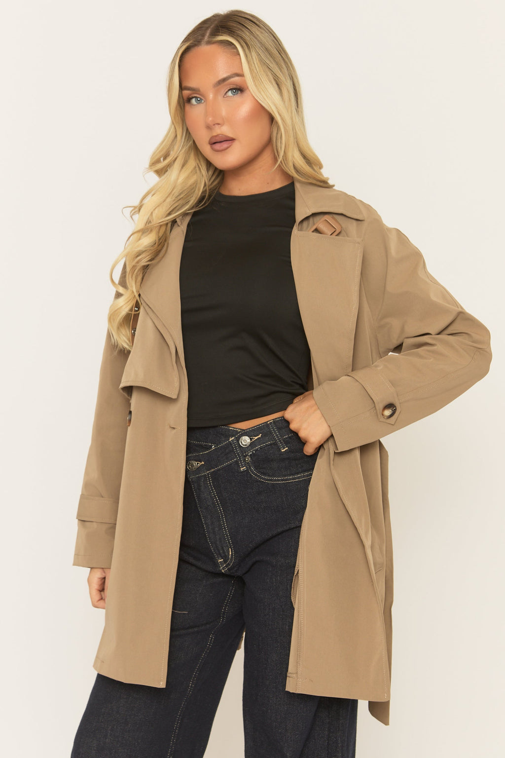 Camel Double Breasted Belted Trench Coat - Aelin