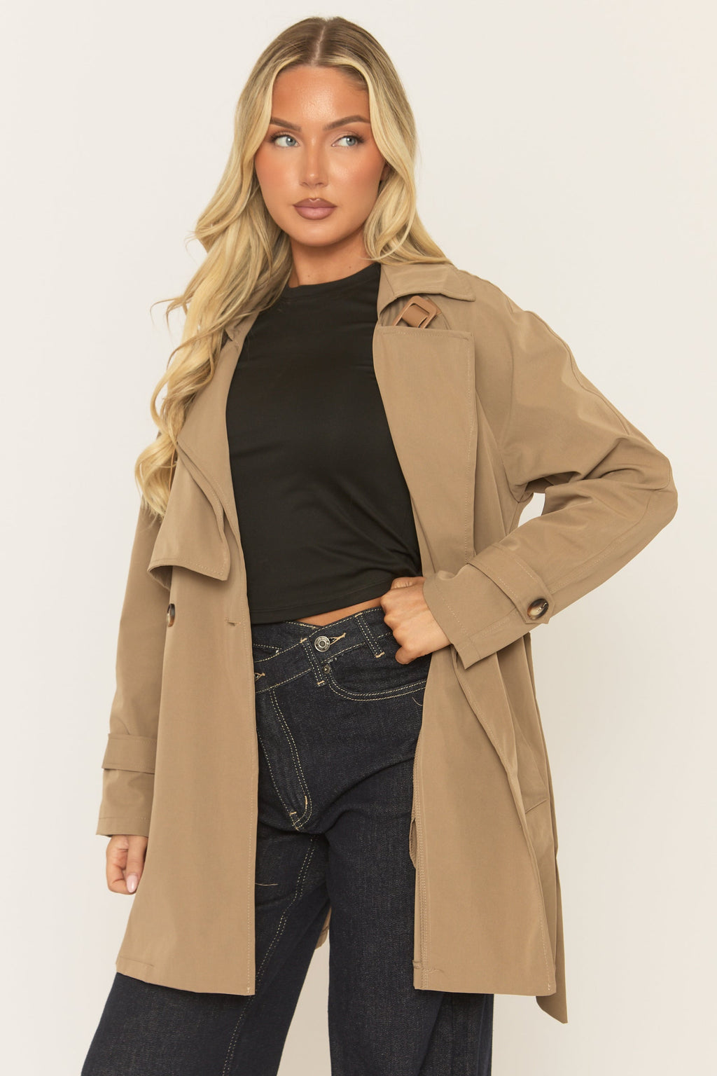 Camel Double Breasted Belted Trench Coat - Aelin