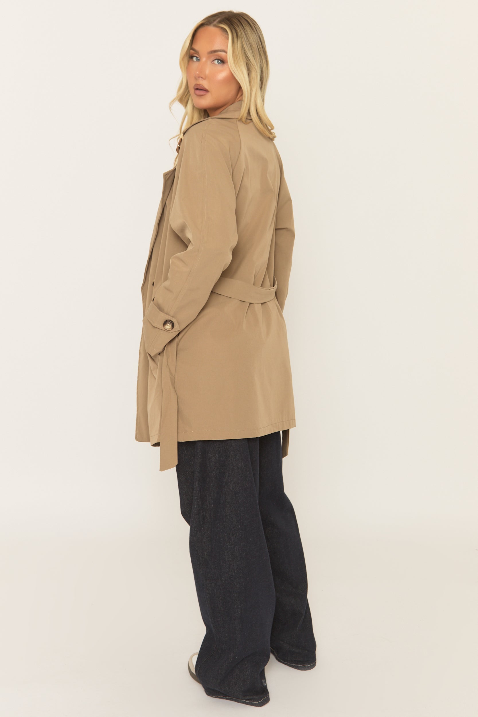 Camel Double Breasted Belted Trench Coat - Aelin