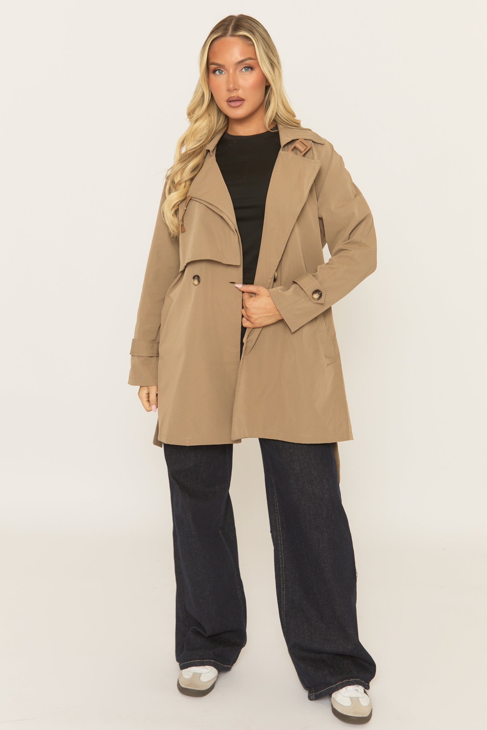Camel Double Breasted Belted Trench Coat - Aelin
