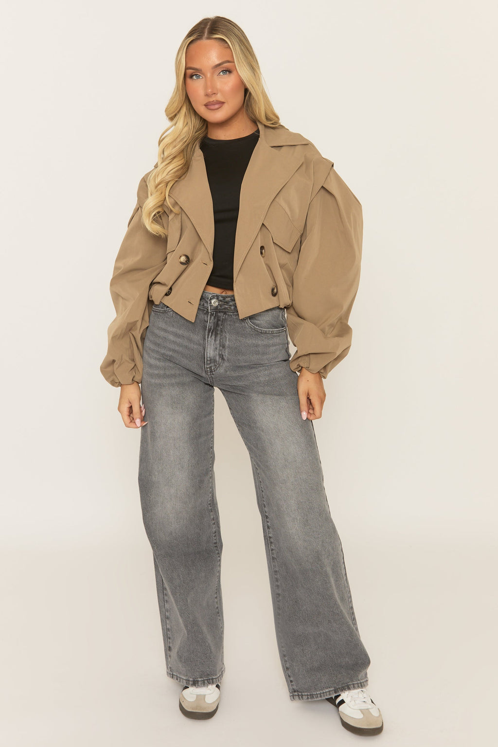 Camel Double Breasted Cropped Trench Coat - Kienna