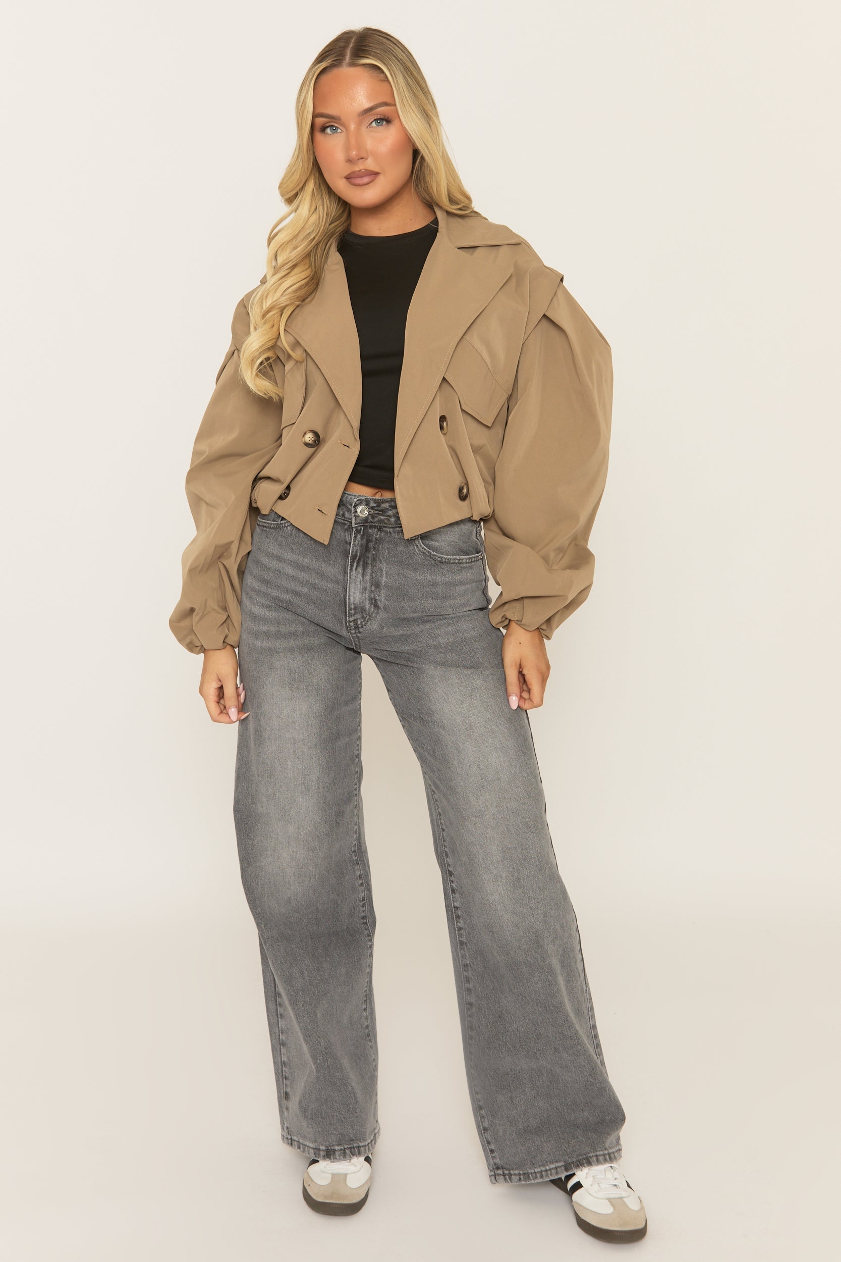 Camel Double Breasted Cropped Trench Coat - Kienna