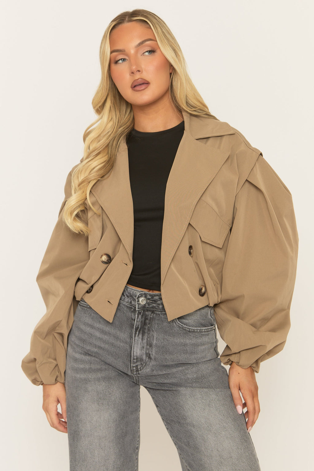 Camel Double Breasted Cropped Trench Coat - Kienna