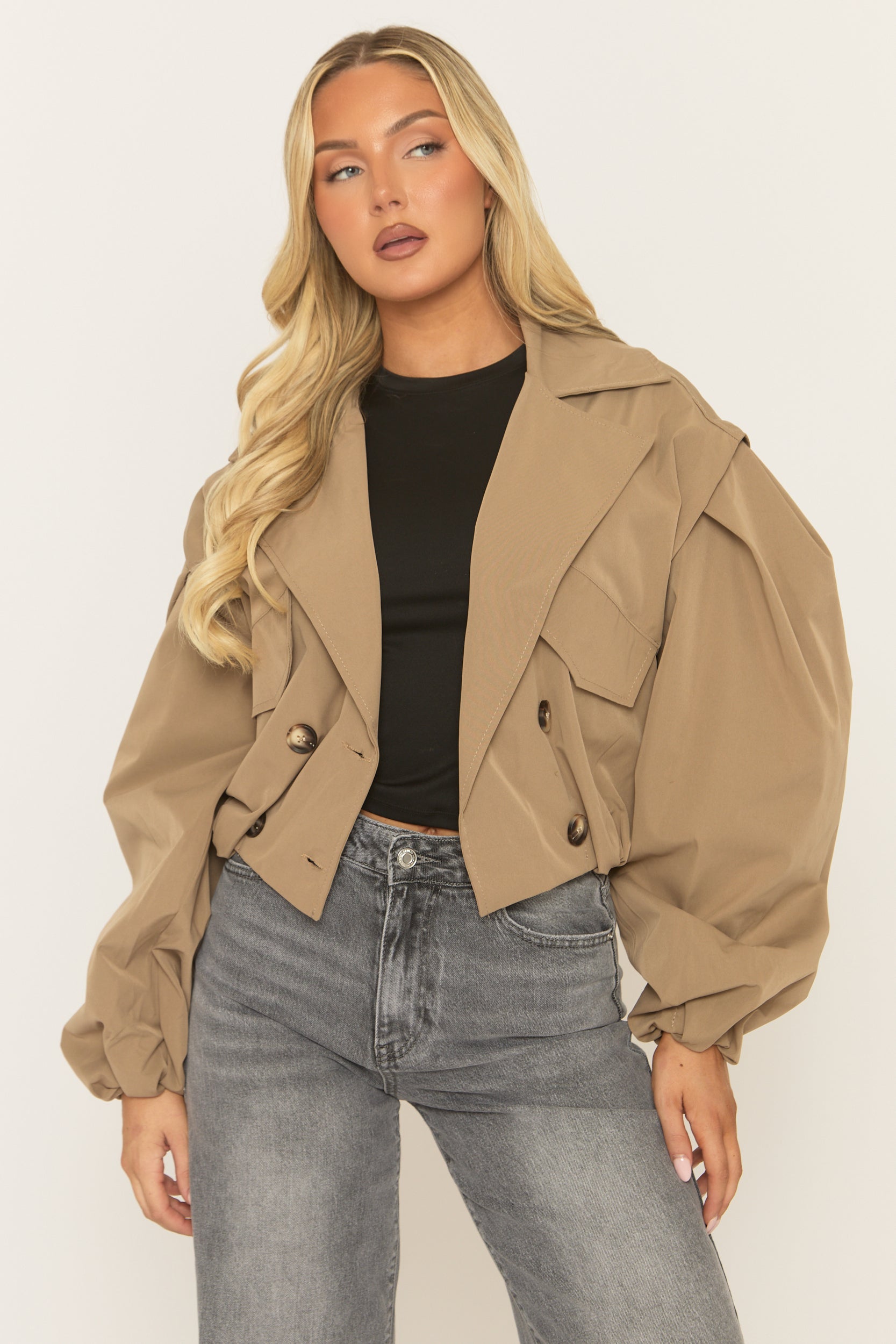 Camel Double Breasted Cropped Trench Coat - Kienna